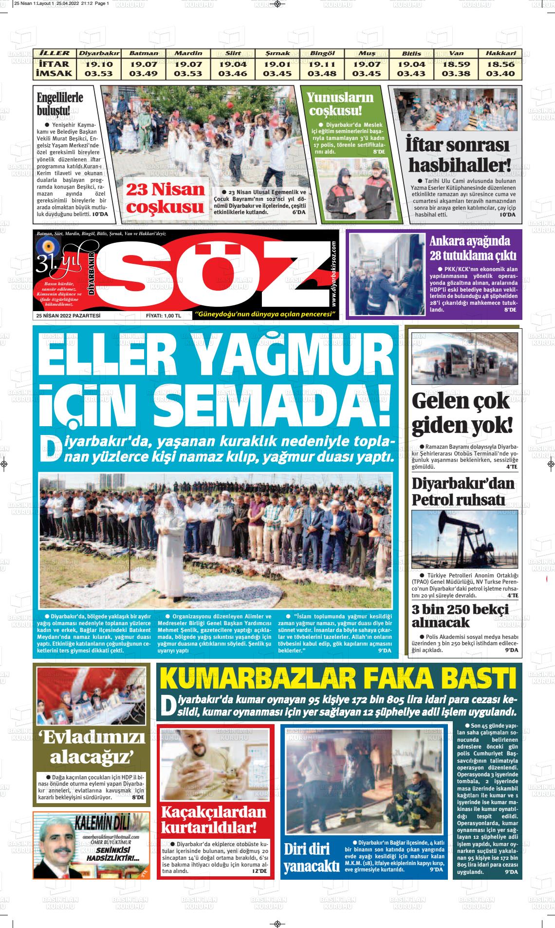 25 Nisan 2022 Diyarbakır Söz Gazete Manşeti