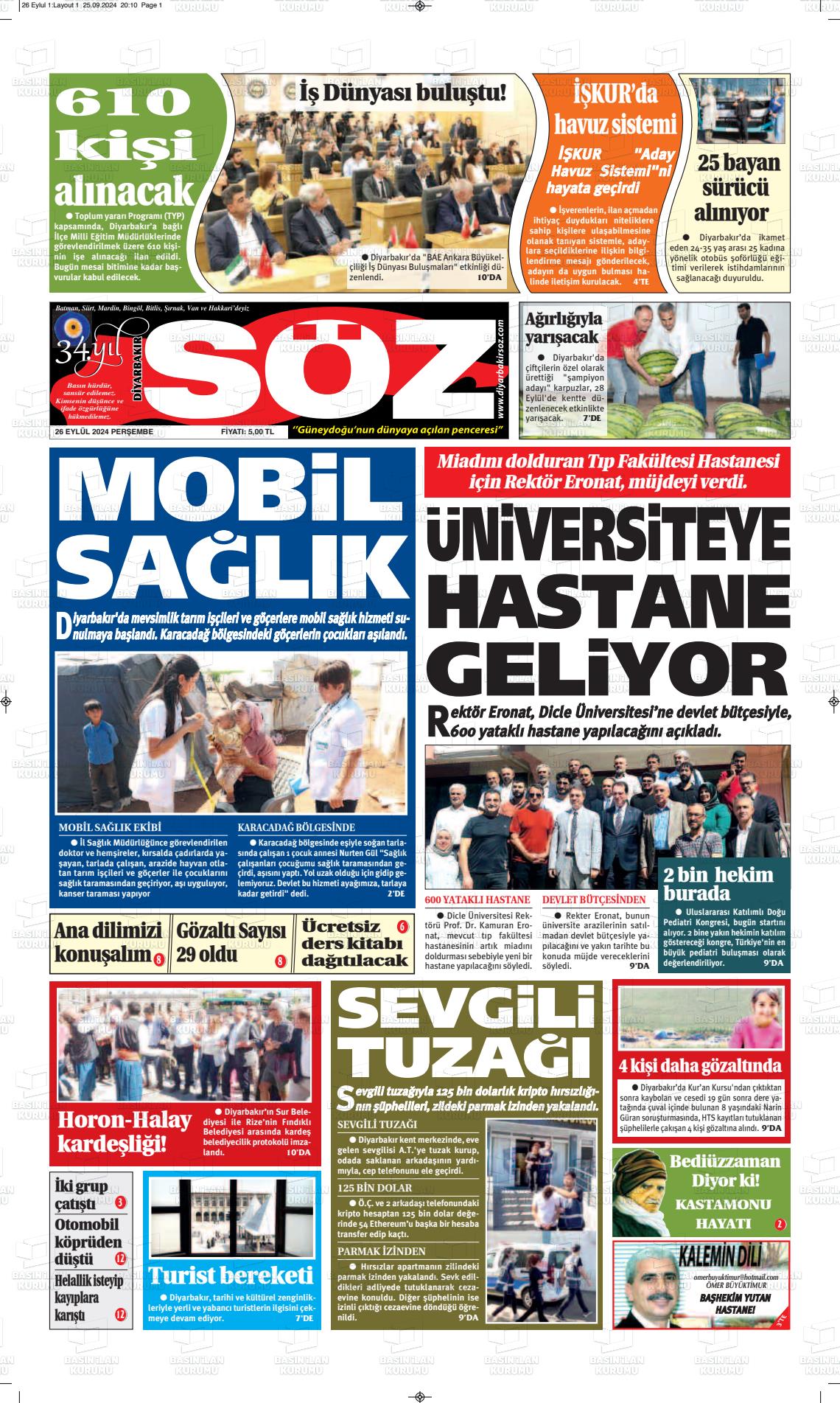 26 Eylül 2024 Diyarbakır Söz Gazete Manşeti