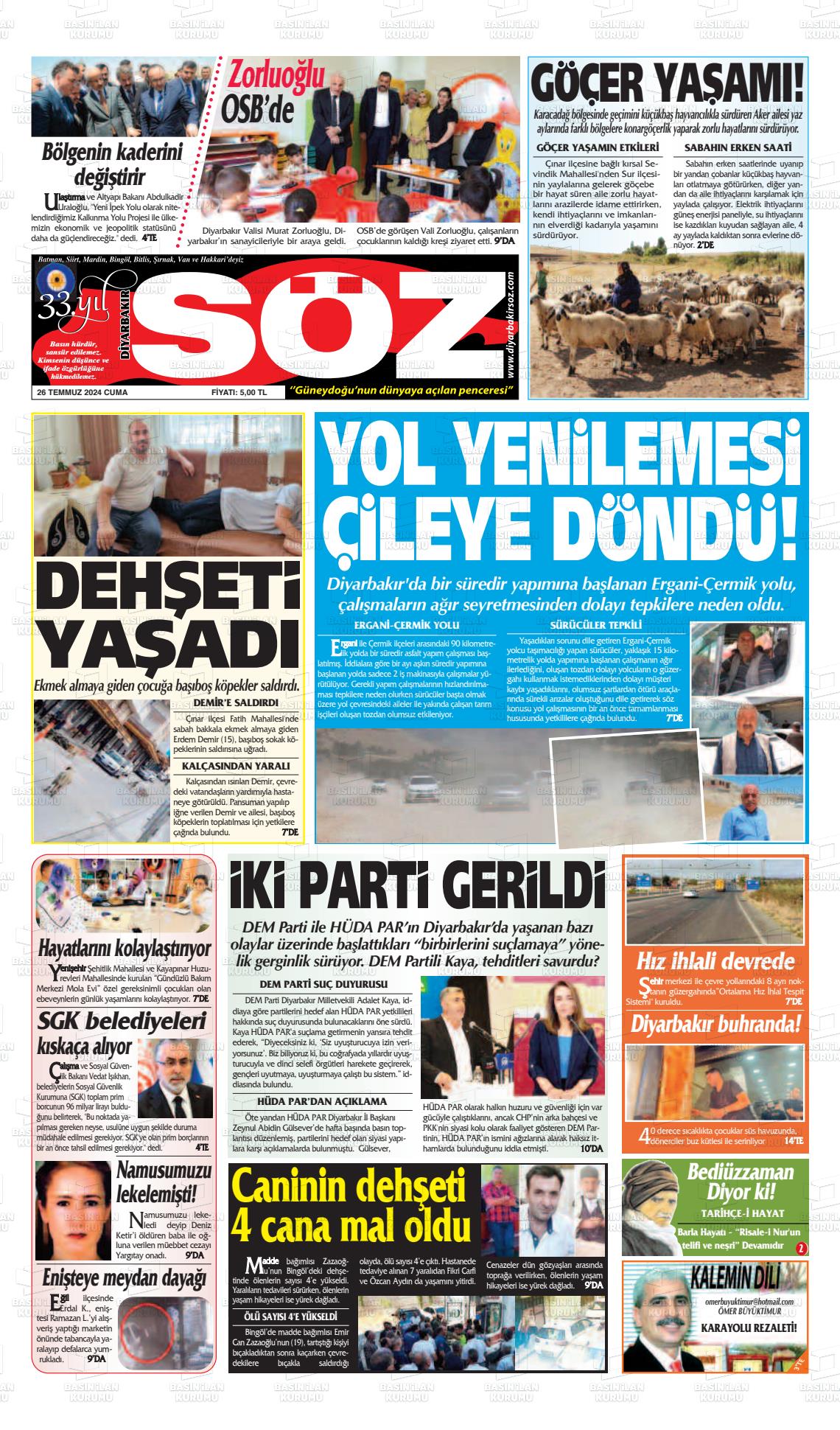 26 Temmuz 2024 Diyarbakır Söz Gazete Manşeti