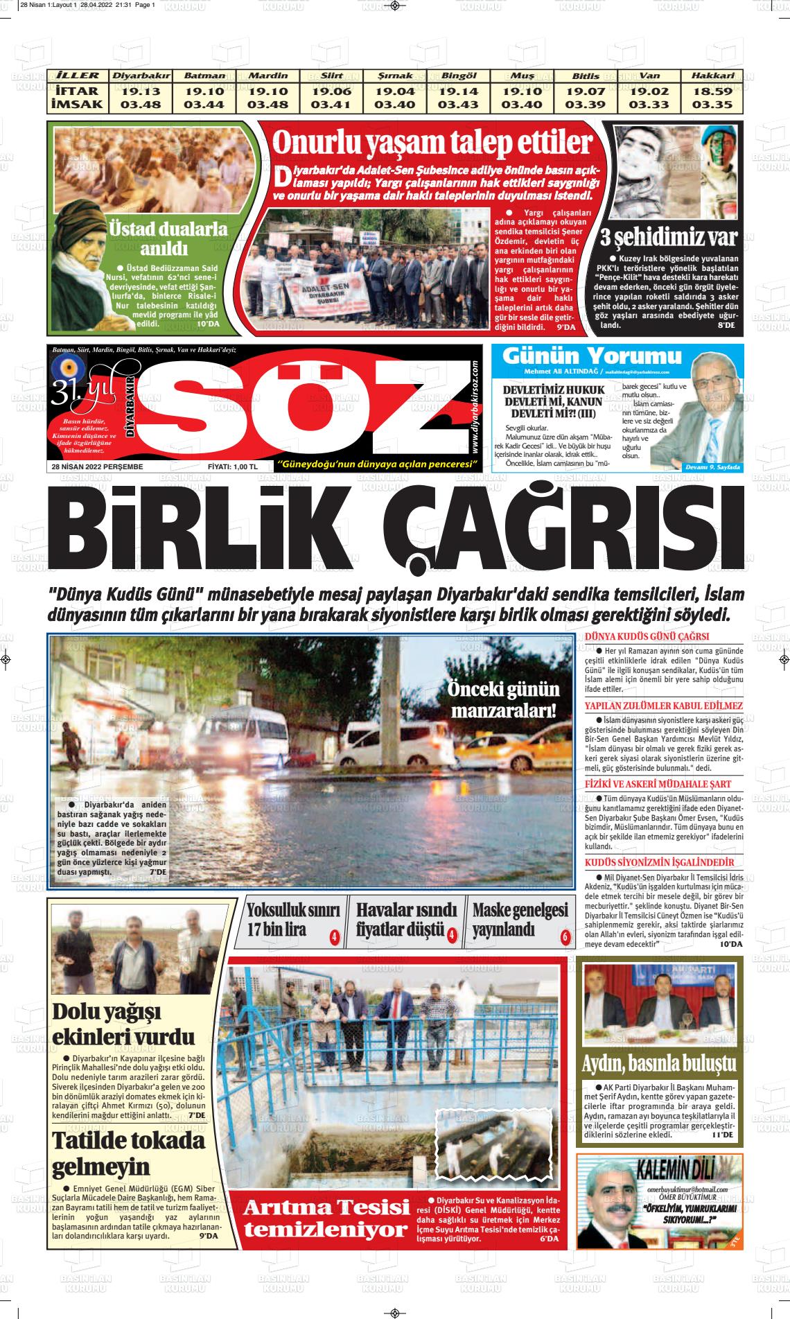 28 Nisan 2022 Diyarbakır Söz Gazete Manşeti