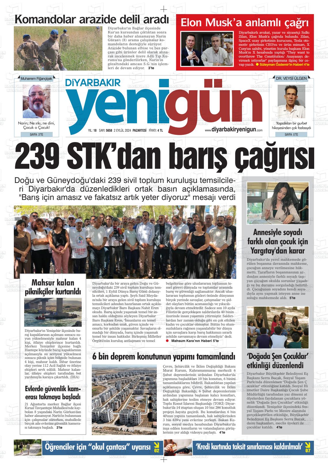 02 Eylül 2024 Diyarbakır Yenigün Gazete Manşeti