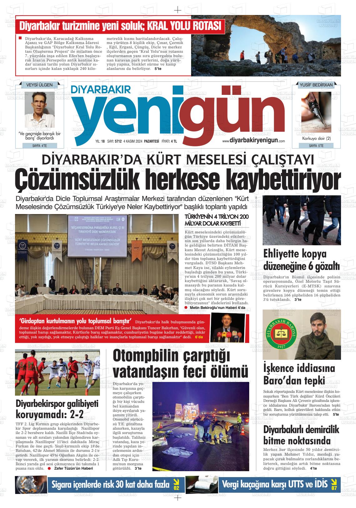 04 Kasım 2024 Diyarbakır Yenigün Gazete Manşeti