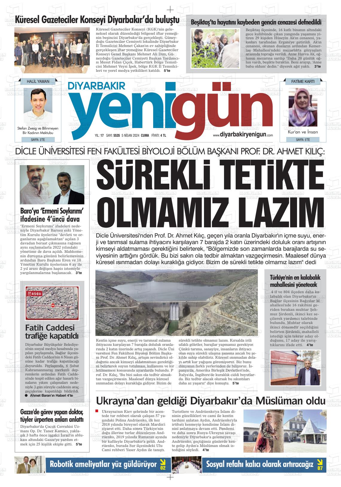 05 Nisan 2024 Diyarbakır Yenigün Gazete Manşeti