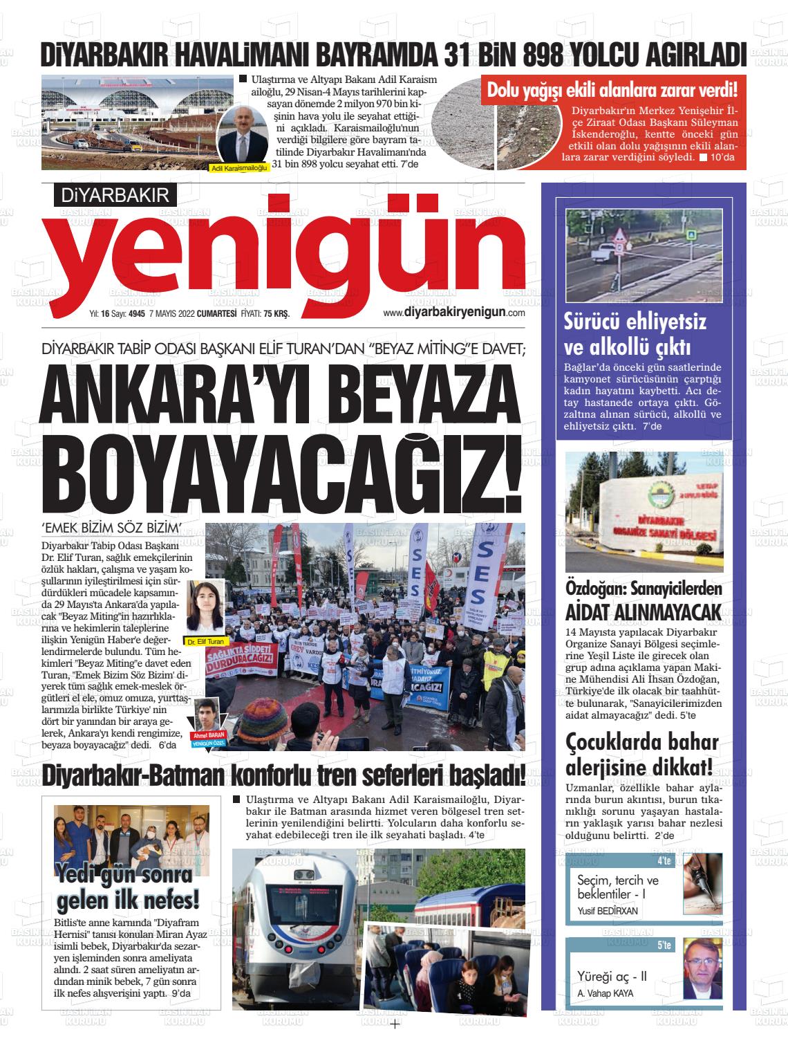 07 Mayıs 2022 Diyarbakır Yenigün Gazete Manşeti