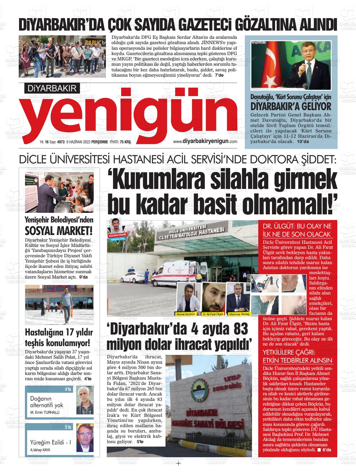 09 Haziran 2022 Diyarbakır Yenigün Gazete Manşeti