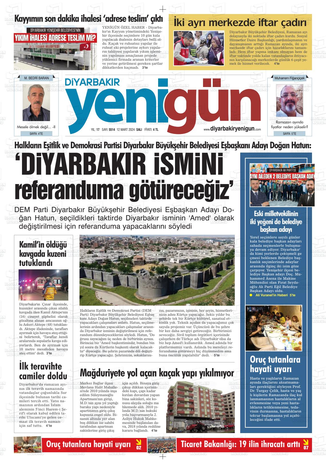 12 Mart 2024 Diyarbakır Yenigün Gazete Manşeti