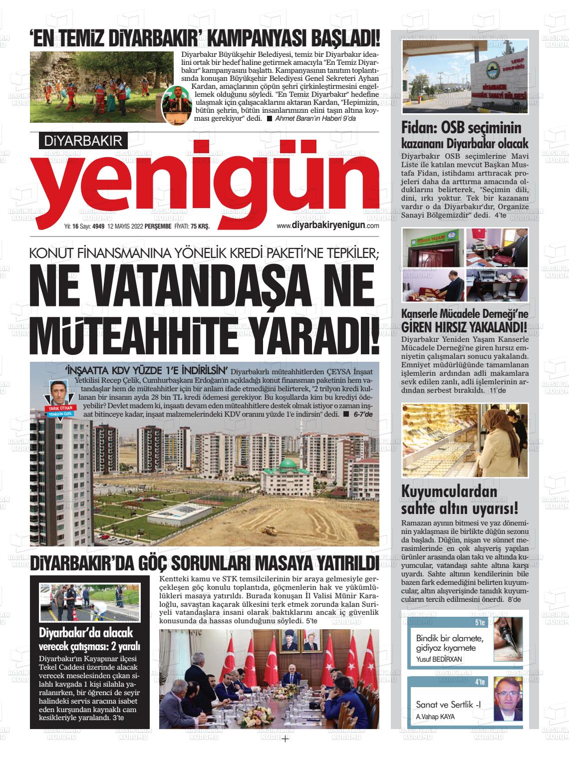 12 Mayıs 2022 Diyarbakır Yenigün Gazete Manşeti