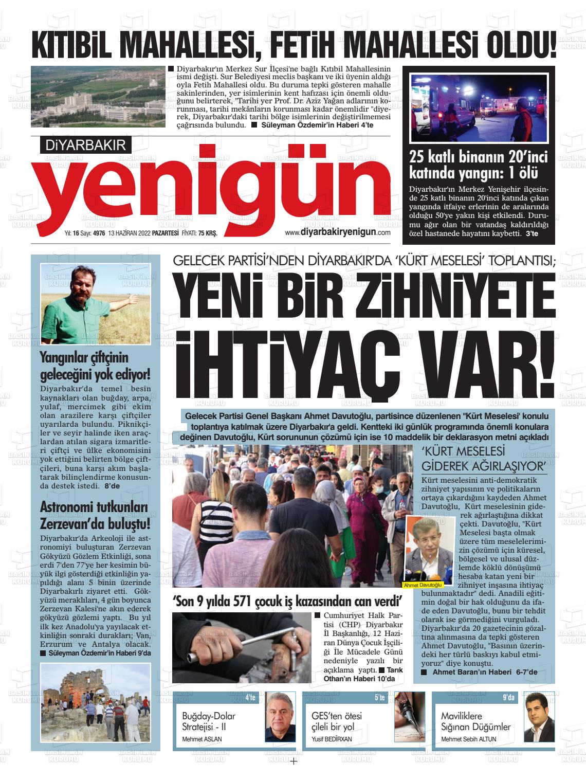 13 Haziran 2022 Diyarbakır Yenigün Gazete Manşeti