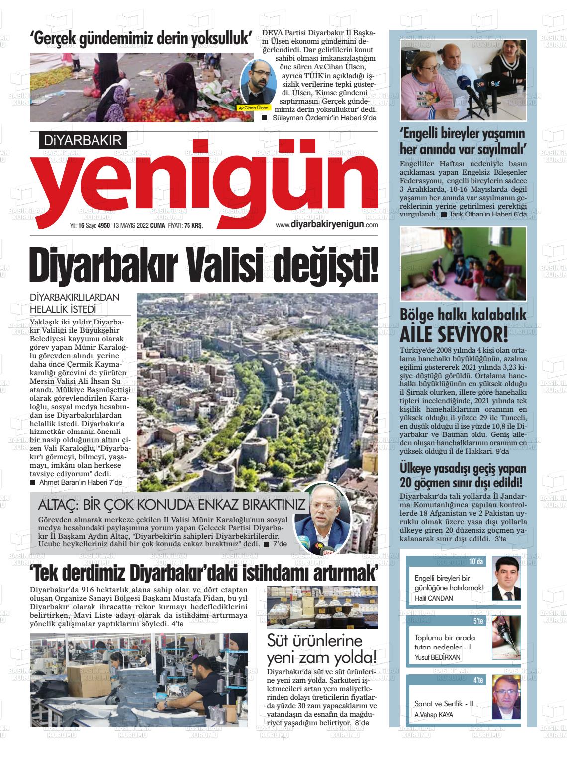 13 Mayıs 2022 Diyarbakır Yenigün Gazete Manşeti