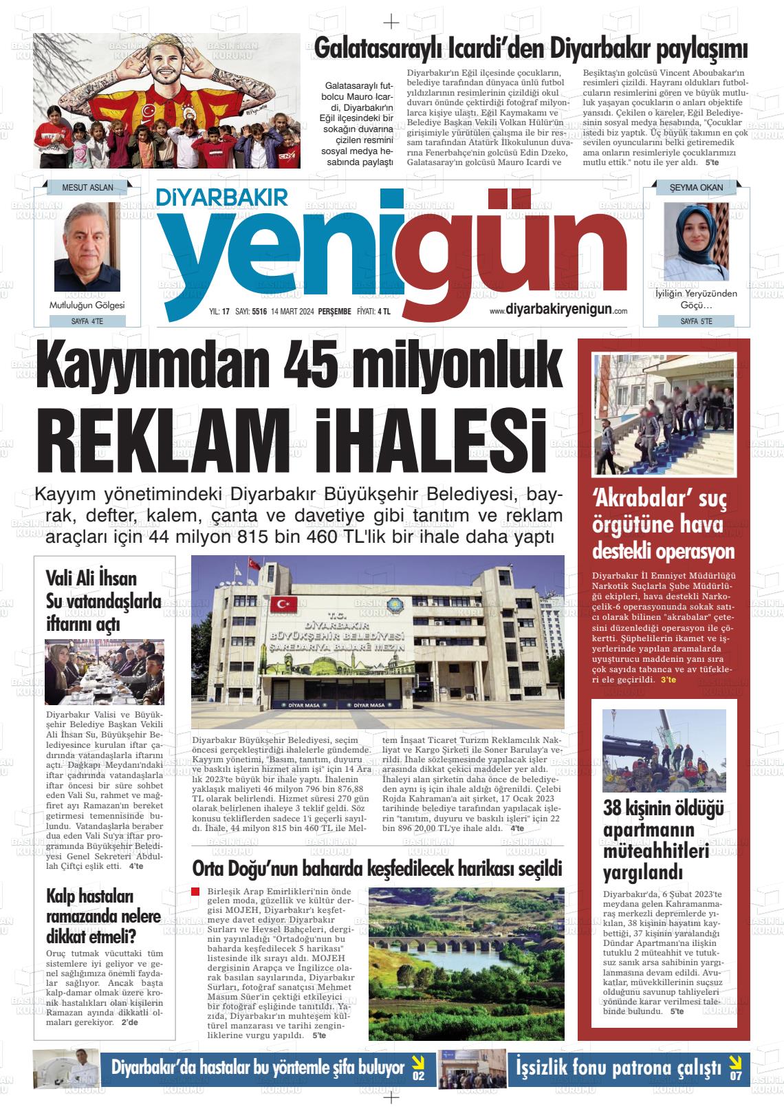 14 Mart 2024 Diyarbakır Yenigün Gazete Manşeti