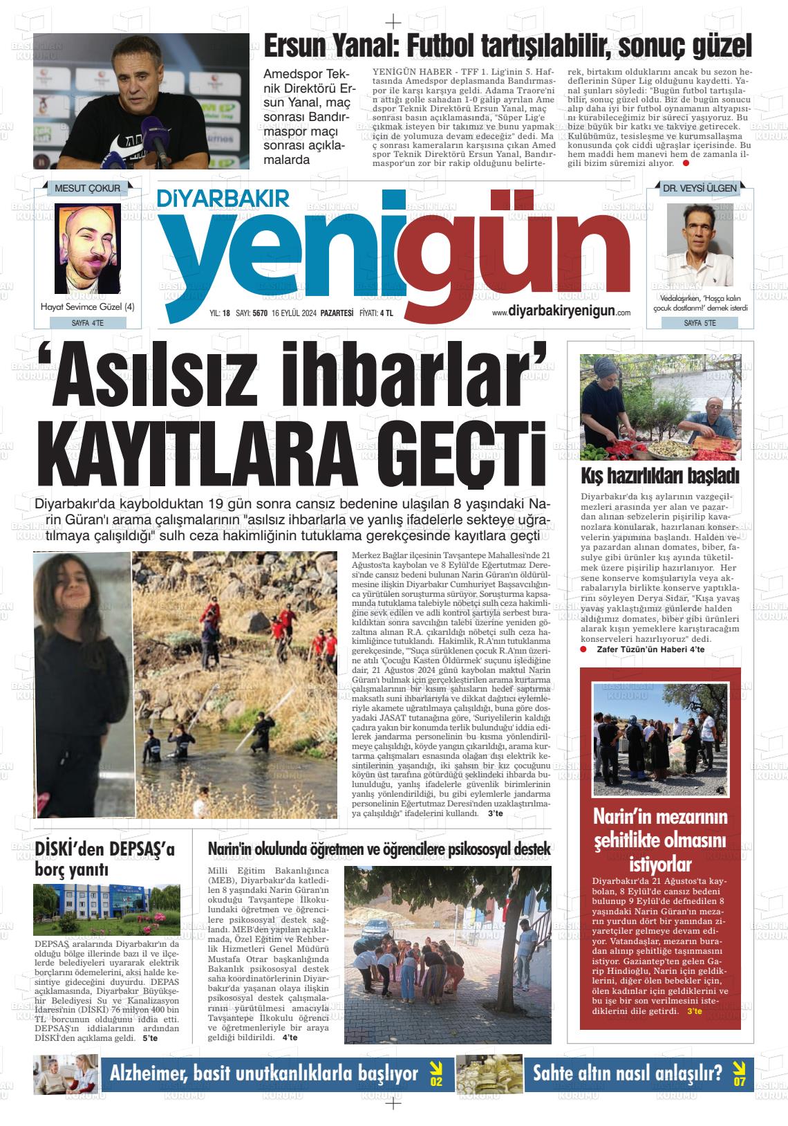 16 Eylül 2024 Diyarbakır Yenigün Gazete Manşeti