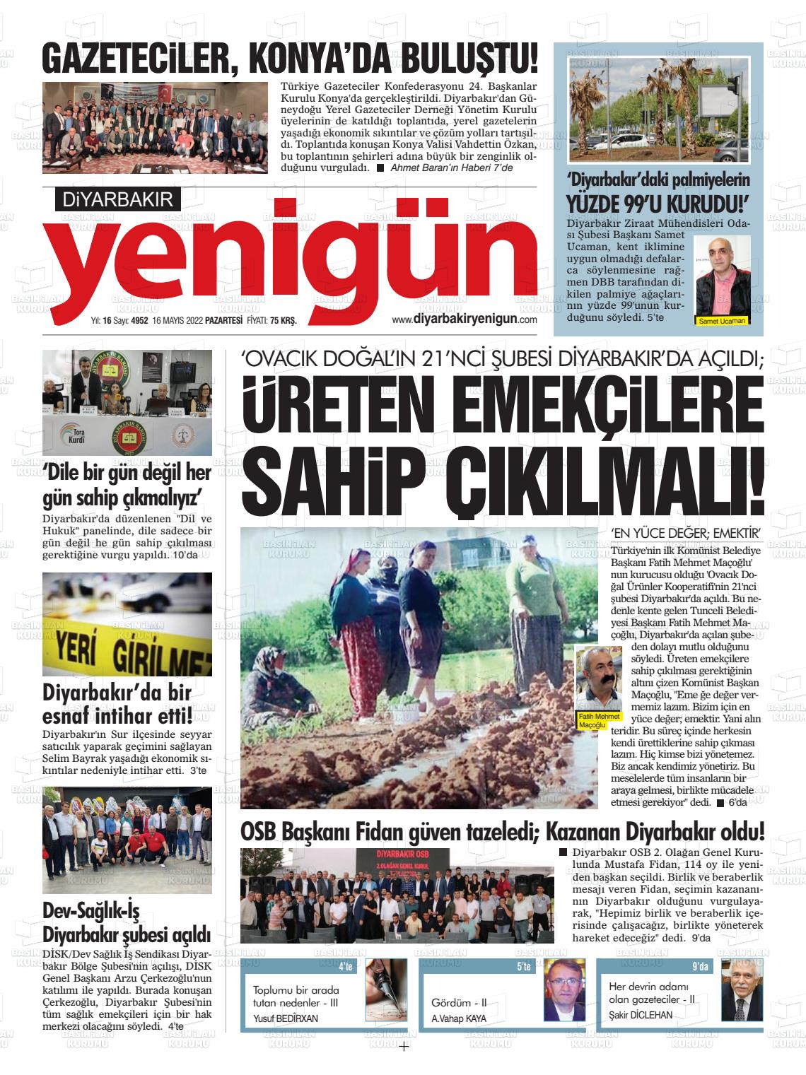 16 Mayıs 2022 Diyarbakır Yenigün Gazete Manşeti