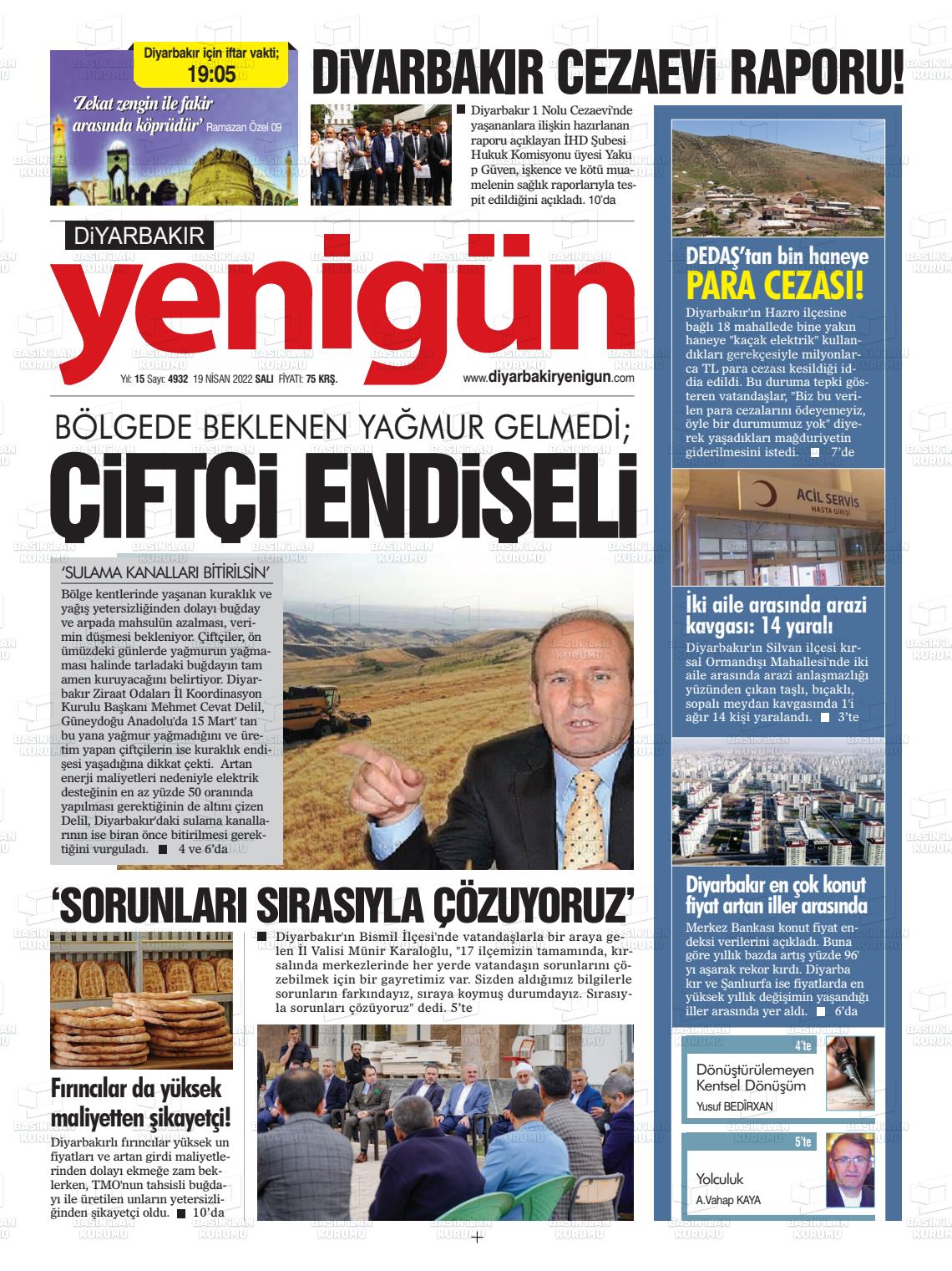 19 Nisan 2022 Diyarbakır Yenigün Gazete Manşeti