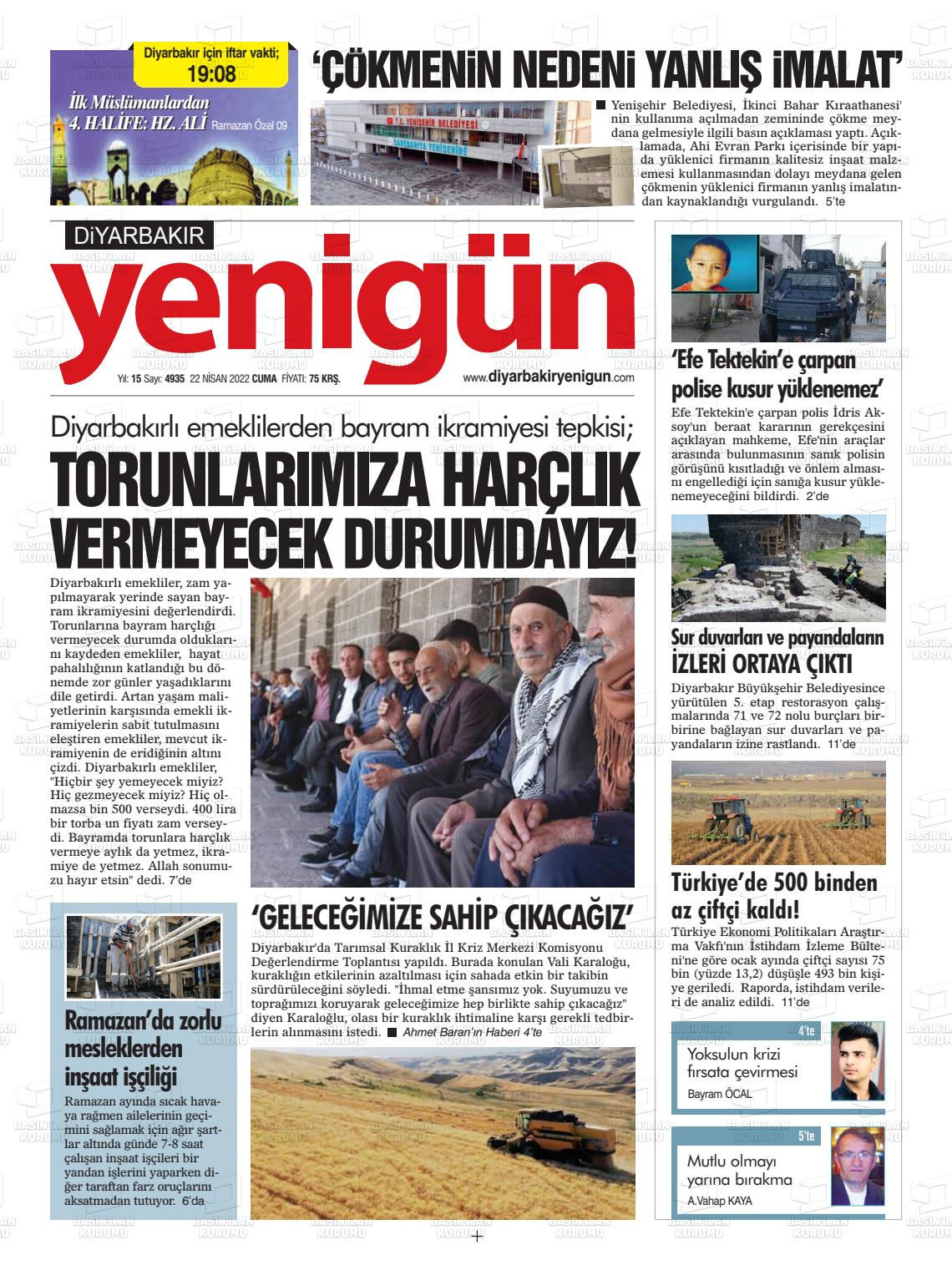 22 Nisan 2022 Diyarbakır Yenigün Gazete Manşeti