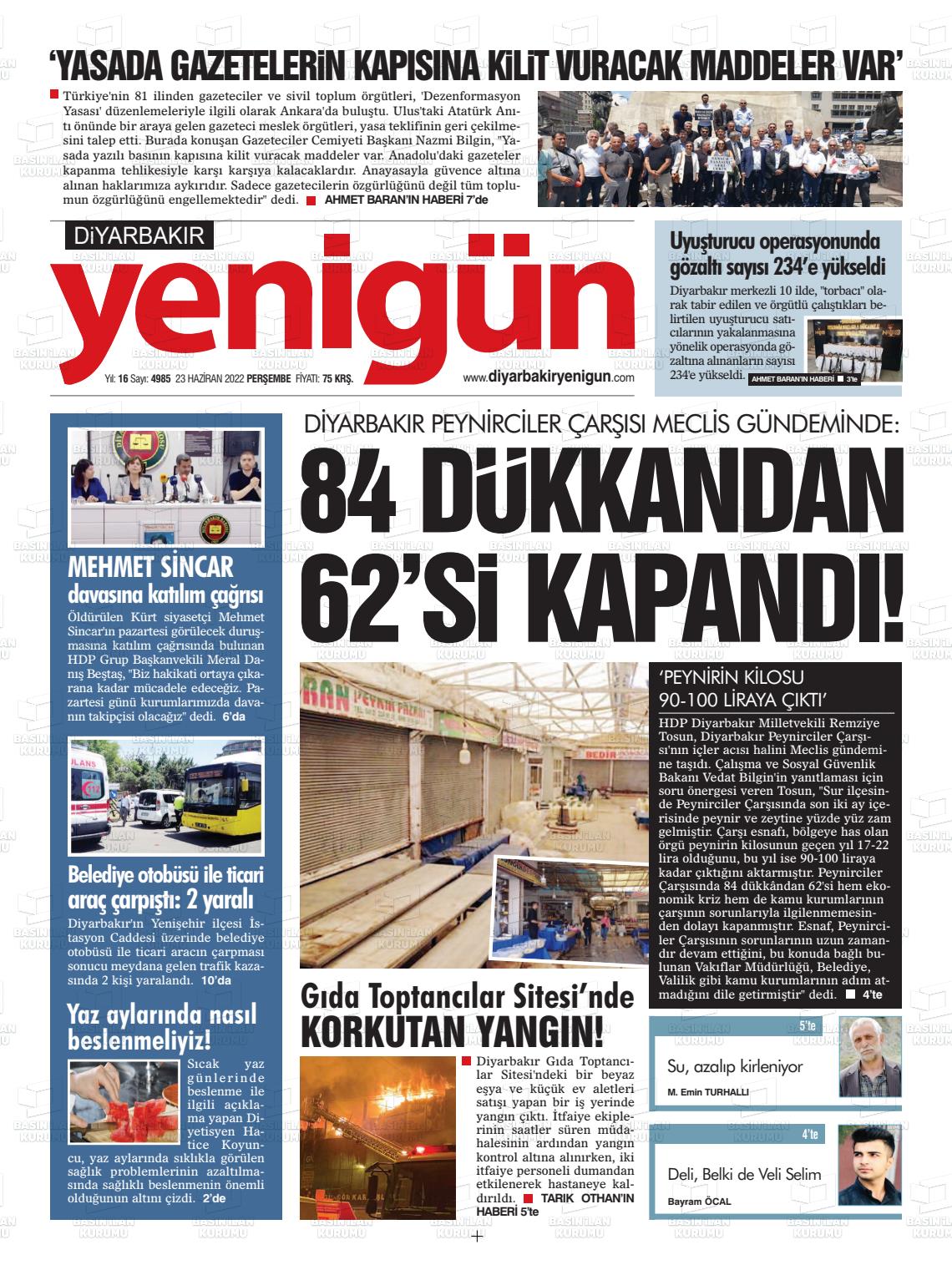 23 Haziran 2022 Diyarbakır Yenigün Gazete Manşeti