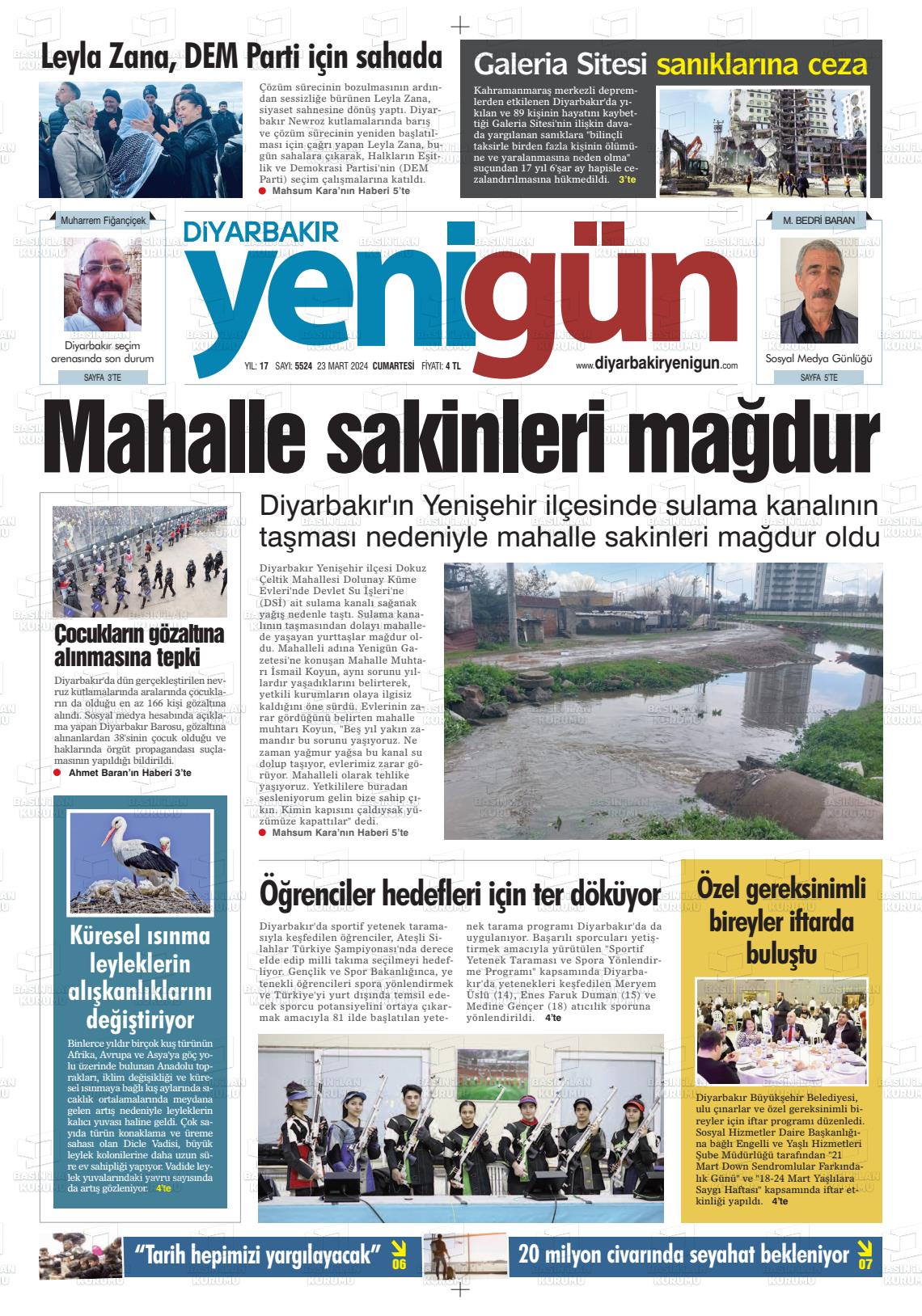 23 Mart 2024 Diyarbakır Yenigün Gazete Manşeti