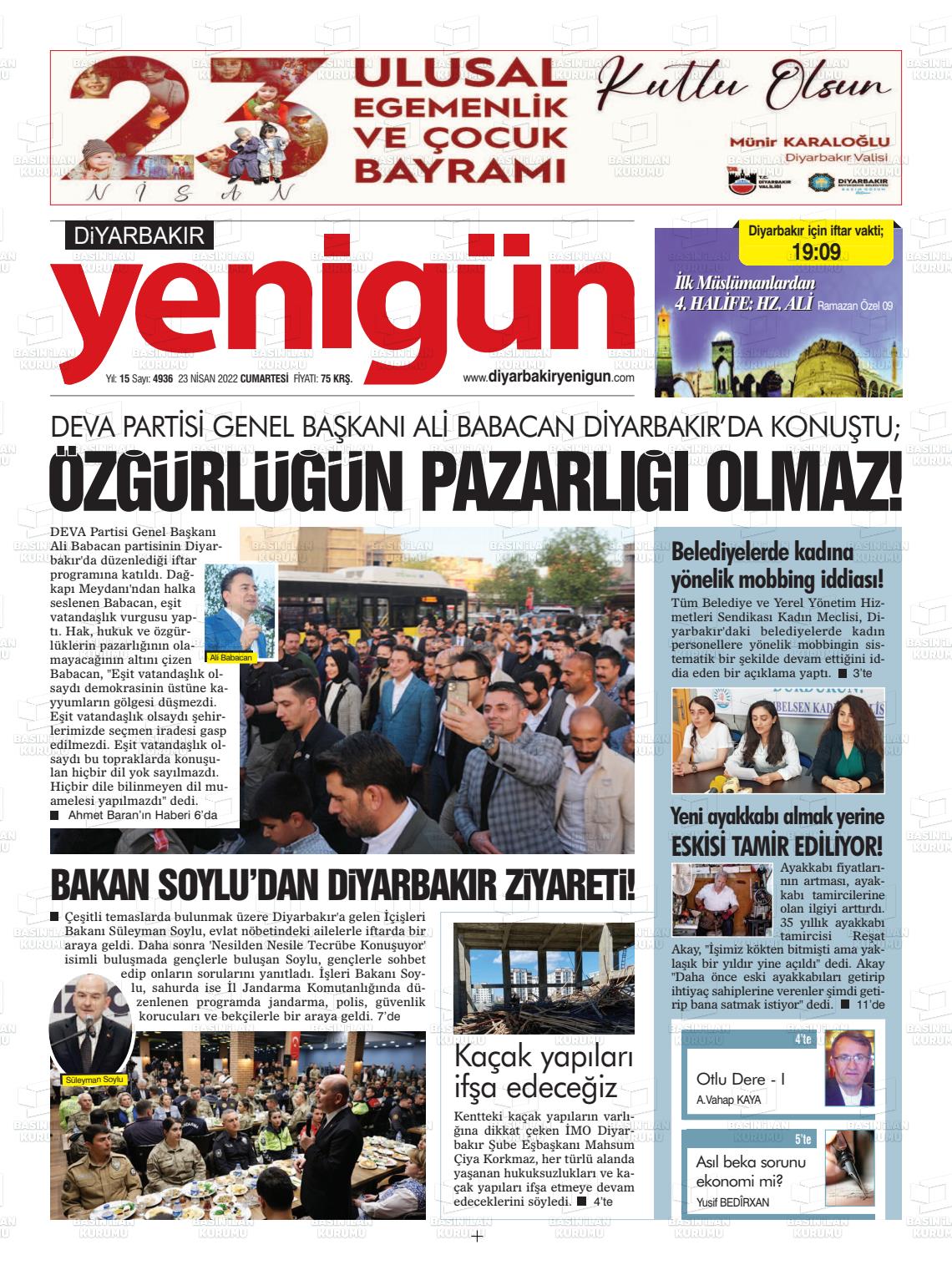 23 Nisan 2022 Diyarbakır Yenigün Gazete Manşeti