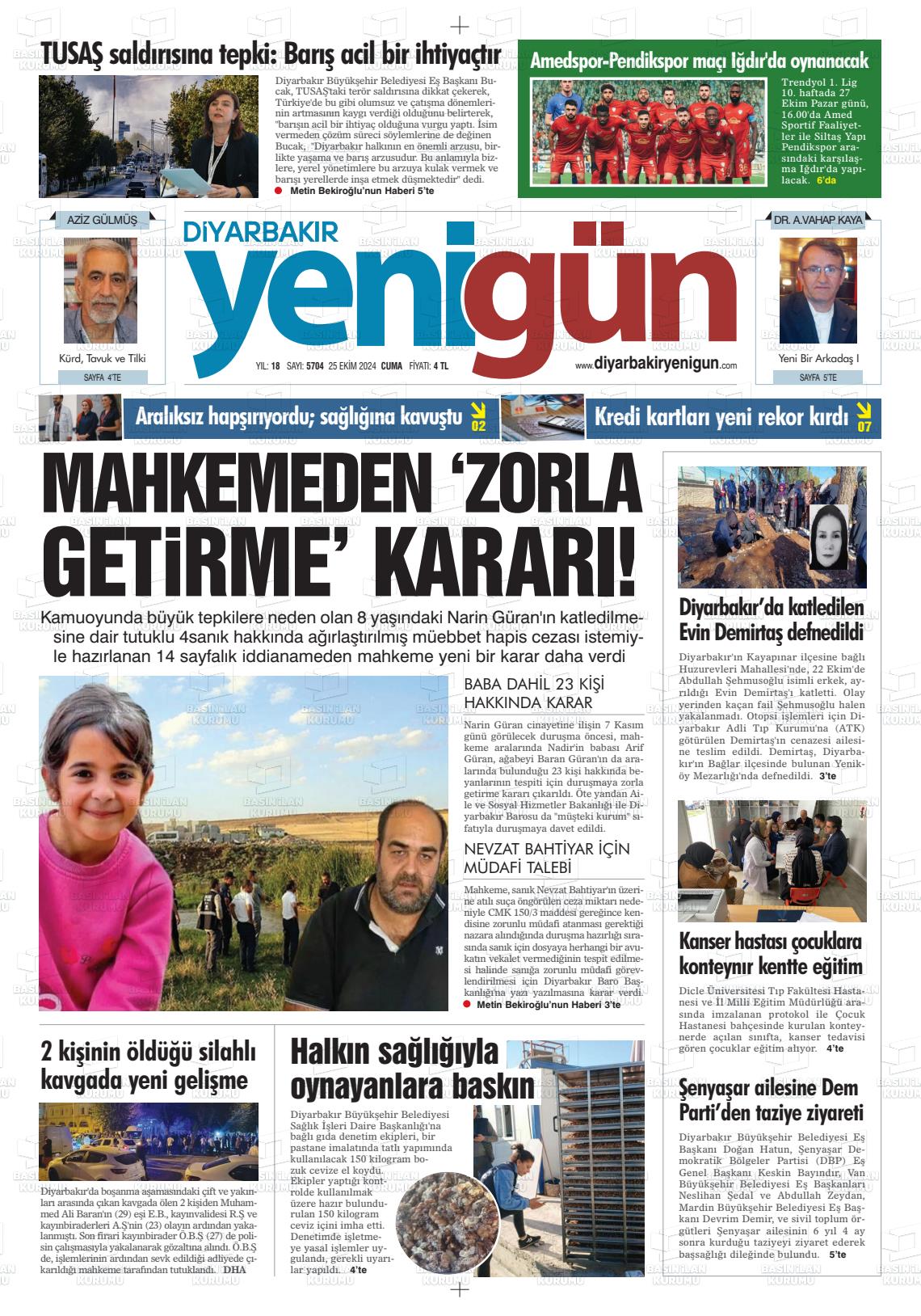 25 Ekim 2024 Diyarbakır Yenigün Gazete Manşeti