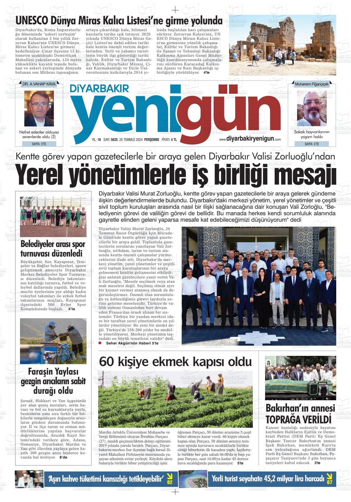 25 Temmuz 2024 Diyarbakır Yenigün Gazete Manşeti