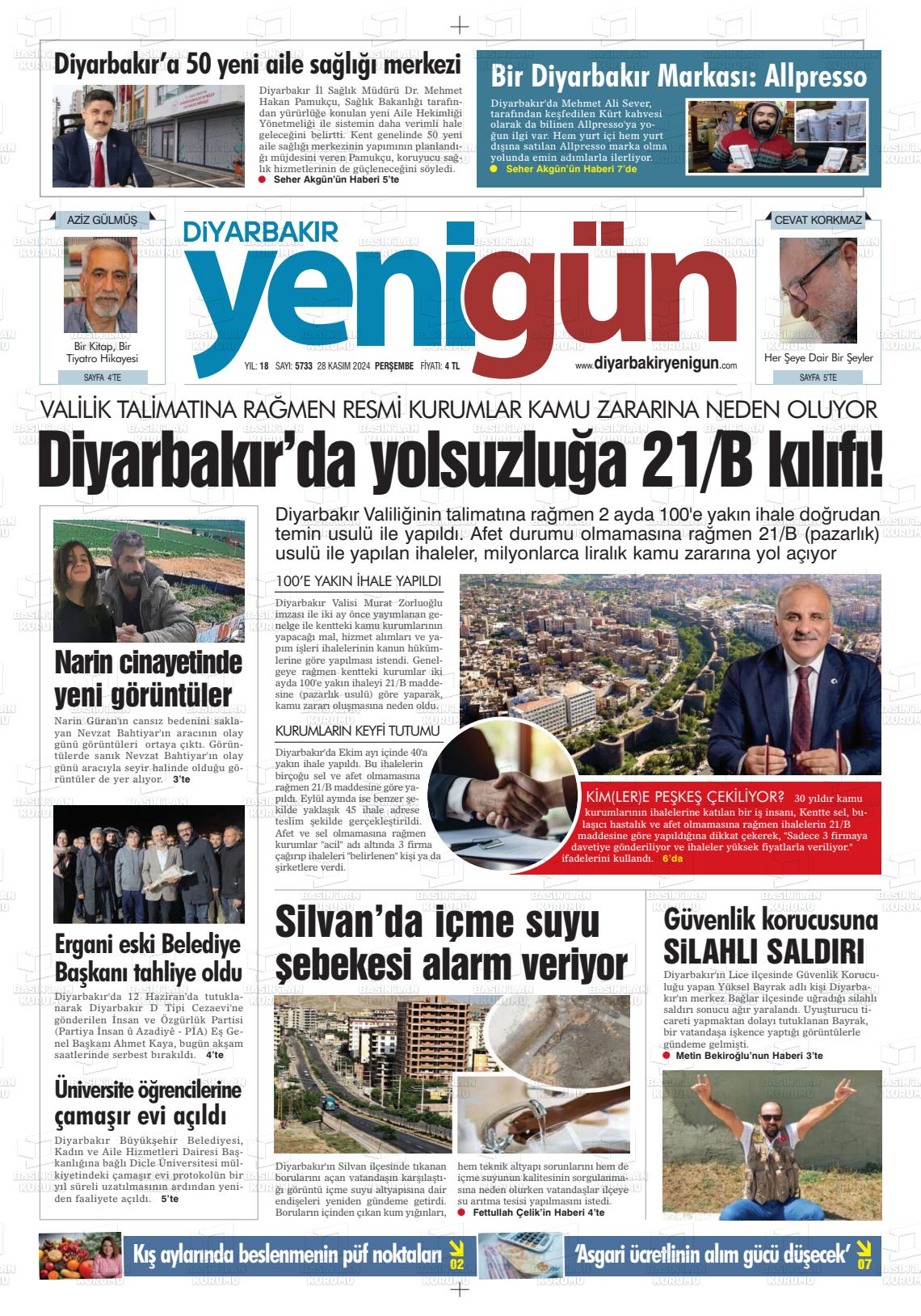 21 Aralık 2024 Diyarbakır Yenigün Gazete Manşeti