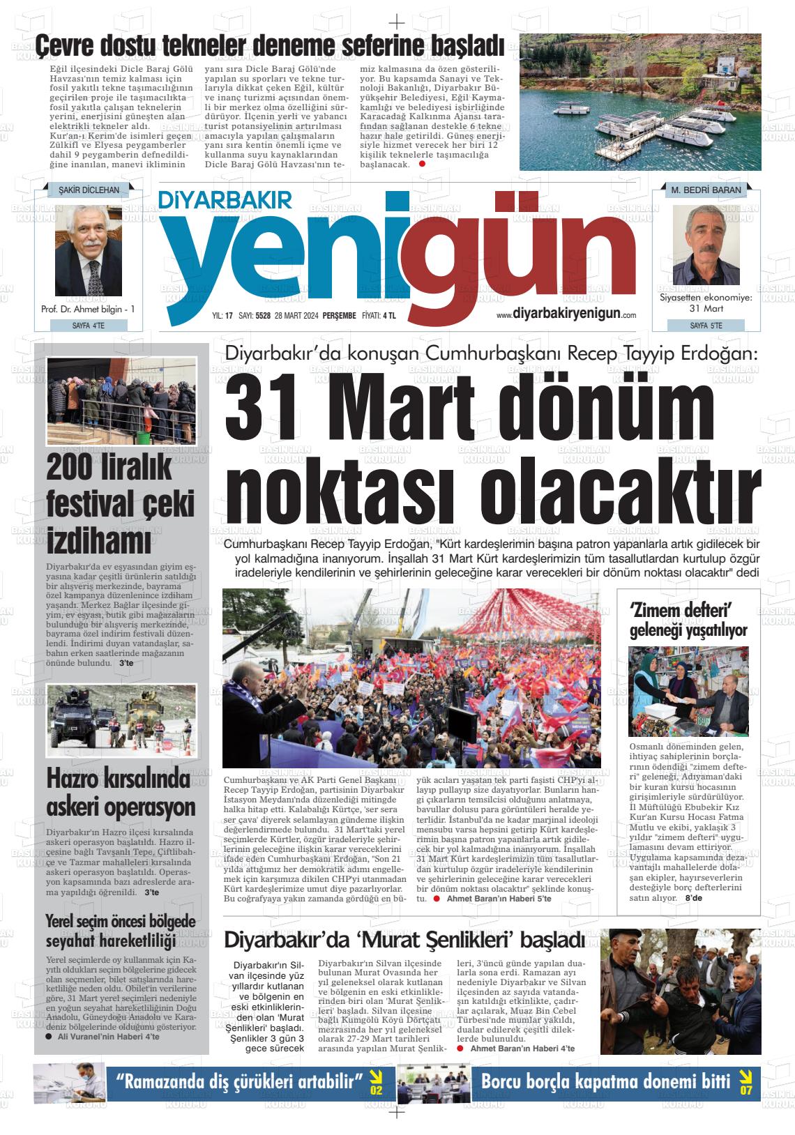 28 Mart 2024 Diyarbakır Yenigün Gazete Manşeti