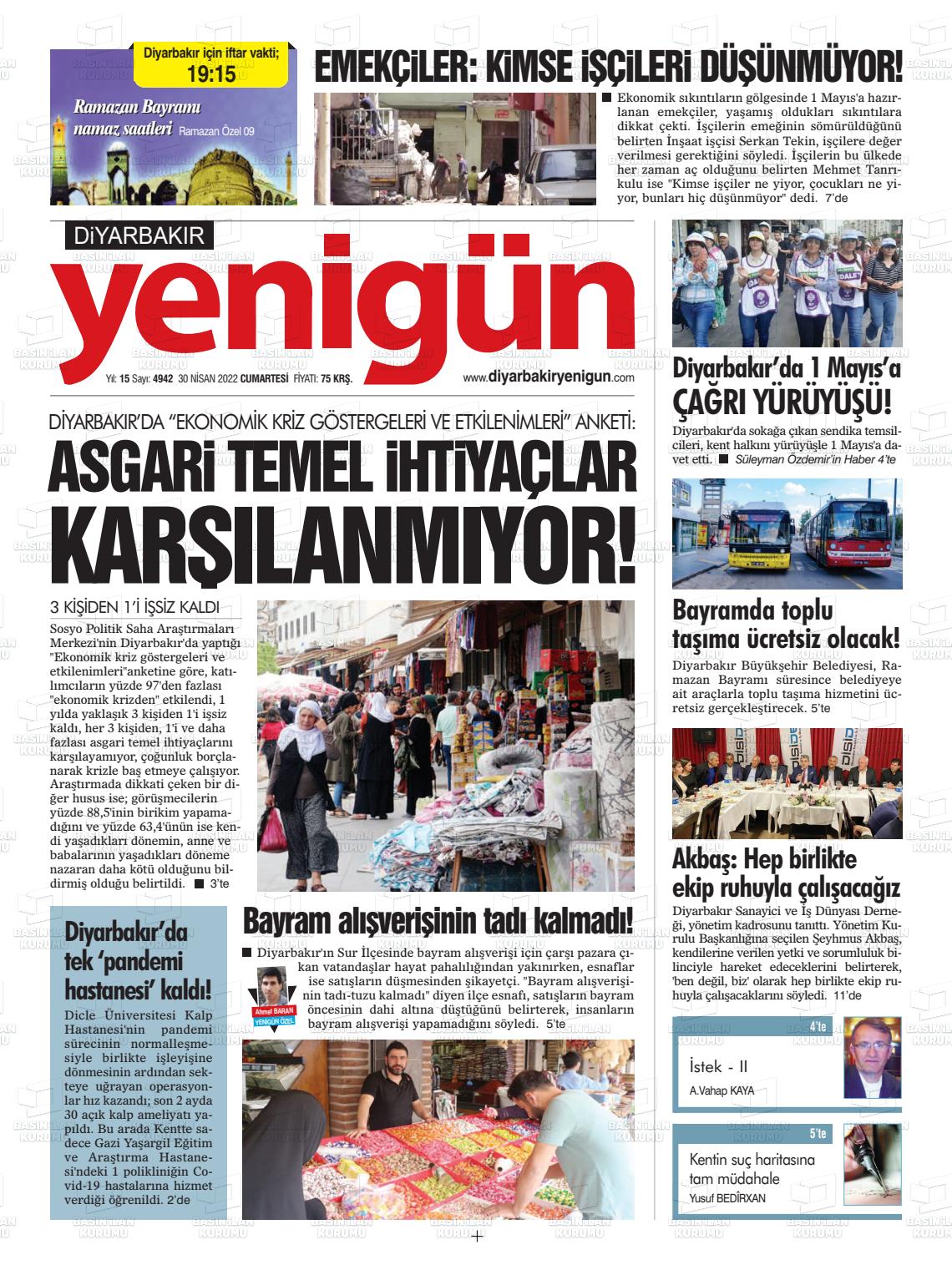 30 Nisan 2022 Diyarbakır Yenigün Gazete Manşeti