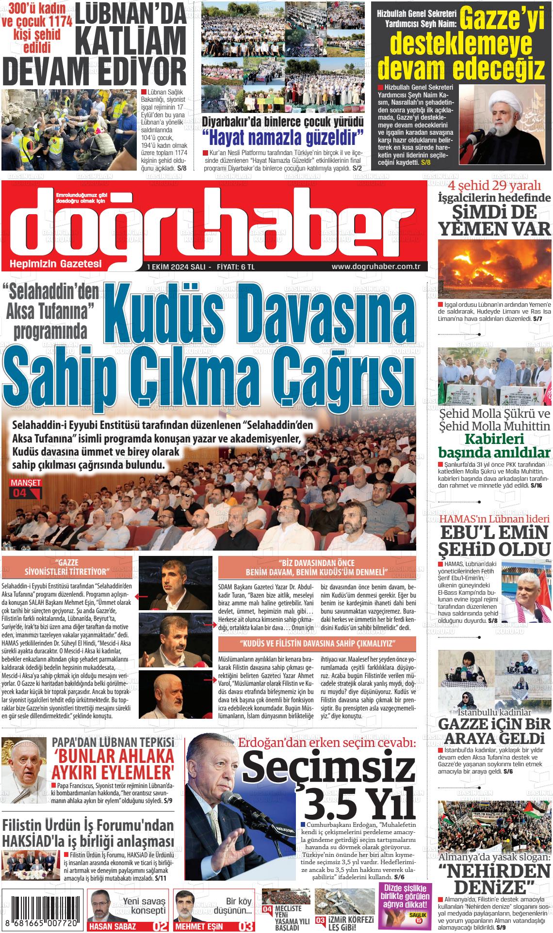 01 Ekim 2024 Doğru Haber Gazete Manşeti