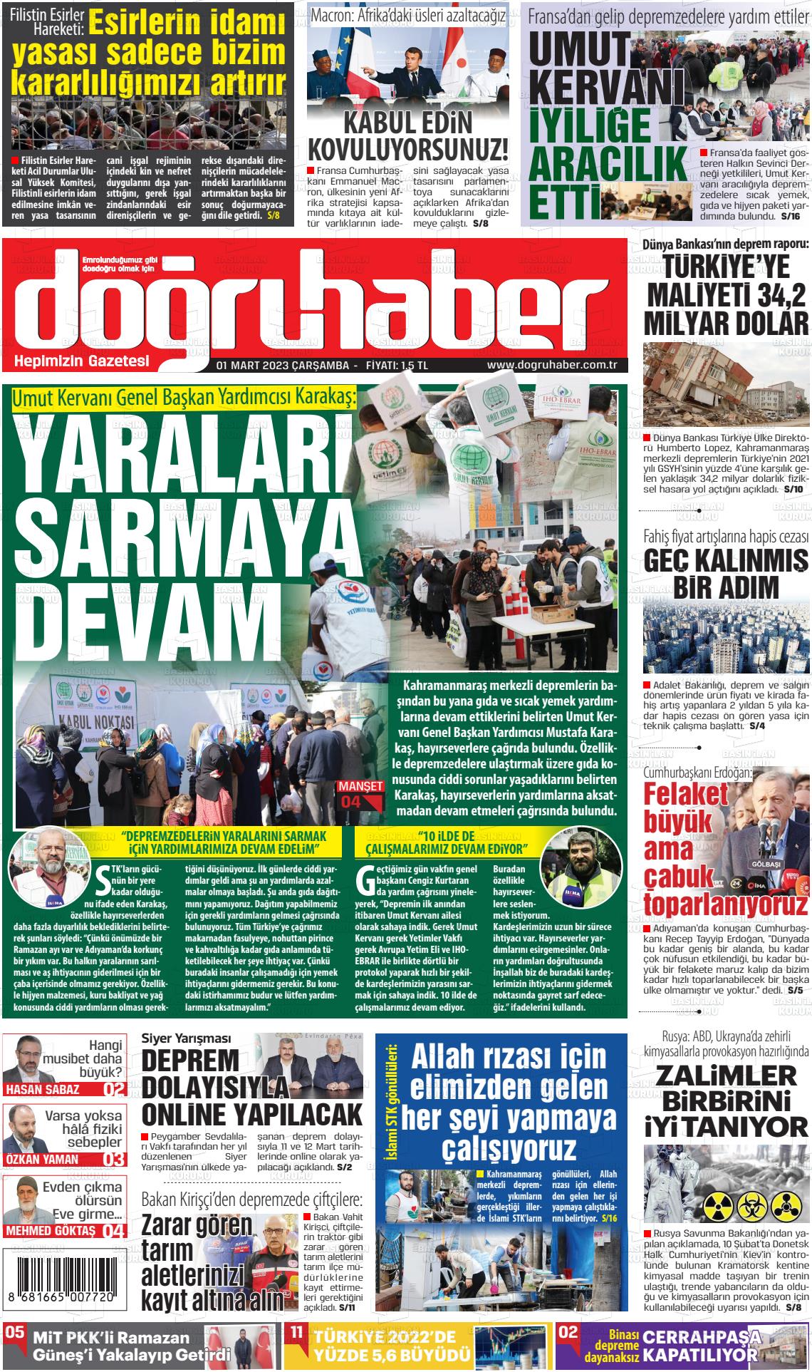 01 Mart 2023 Doğru Haber Gazete Manşeti