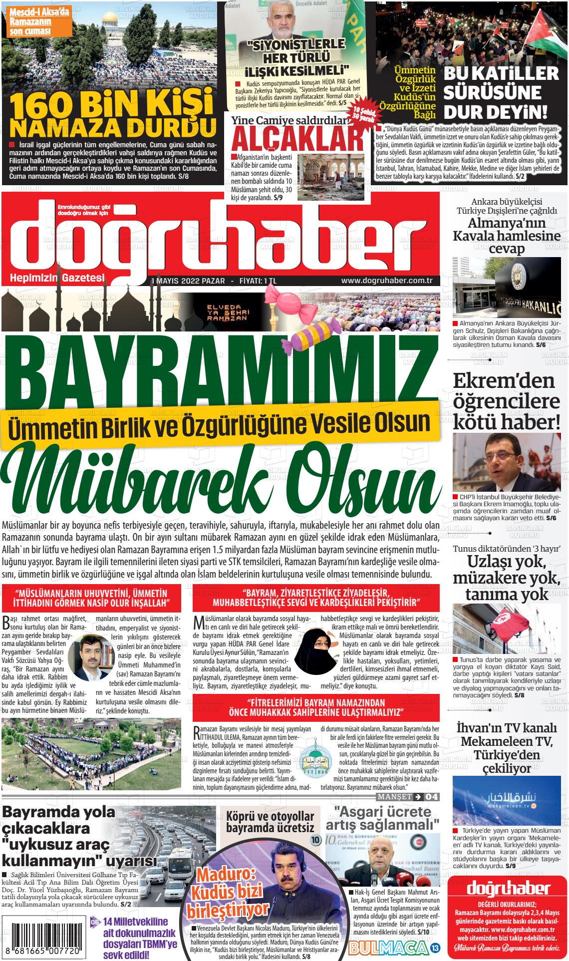 01 Mayıs 2022 Doğru Haber Gazete Manşeti