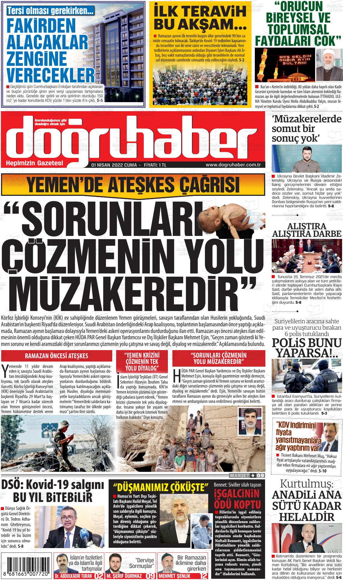 01 Nisan 2022 Doğru Haber Gazete Manşeti