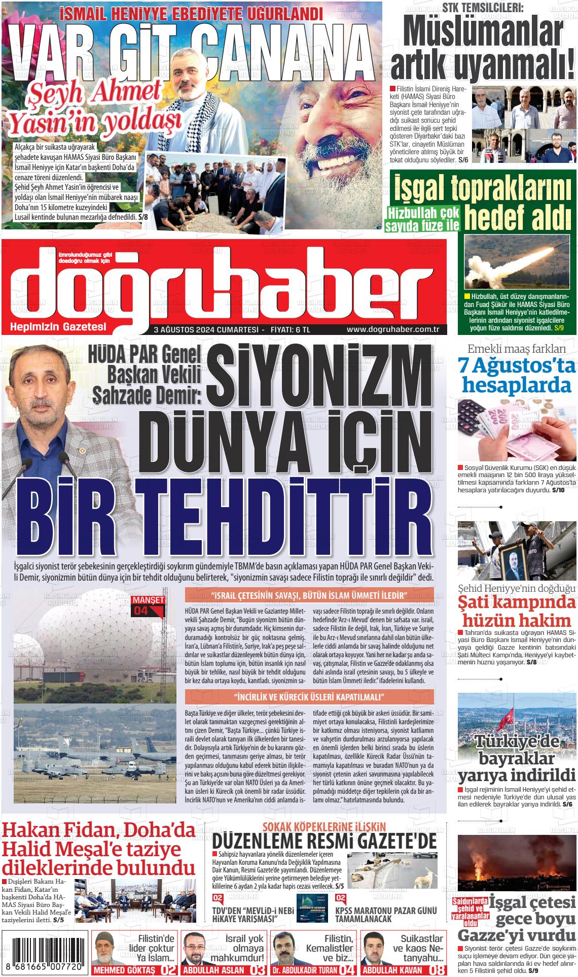 03 Ağustos 2024 Doğru Haber Gazete Manşeti