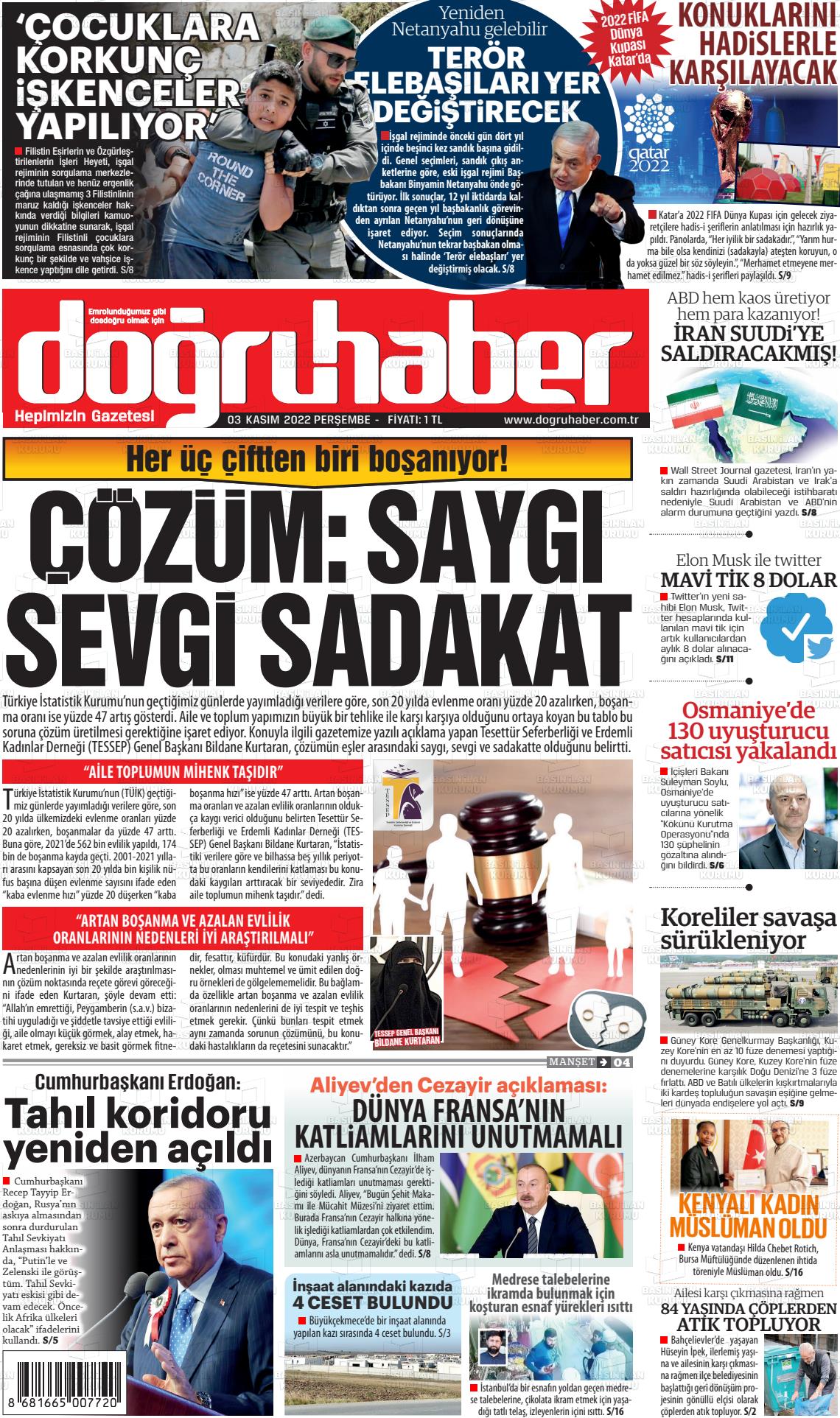 03 Kasım 2022 Doğru Haber Gazete Manşeti