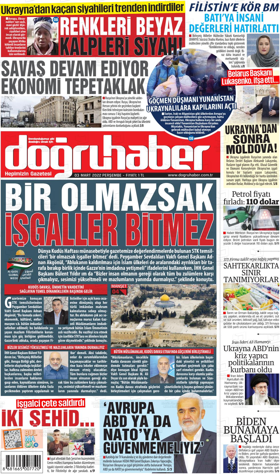 03 Mart 2022 Doğru Haber Gazete Manşeti