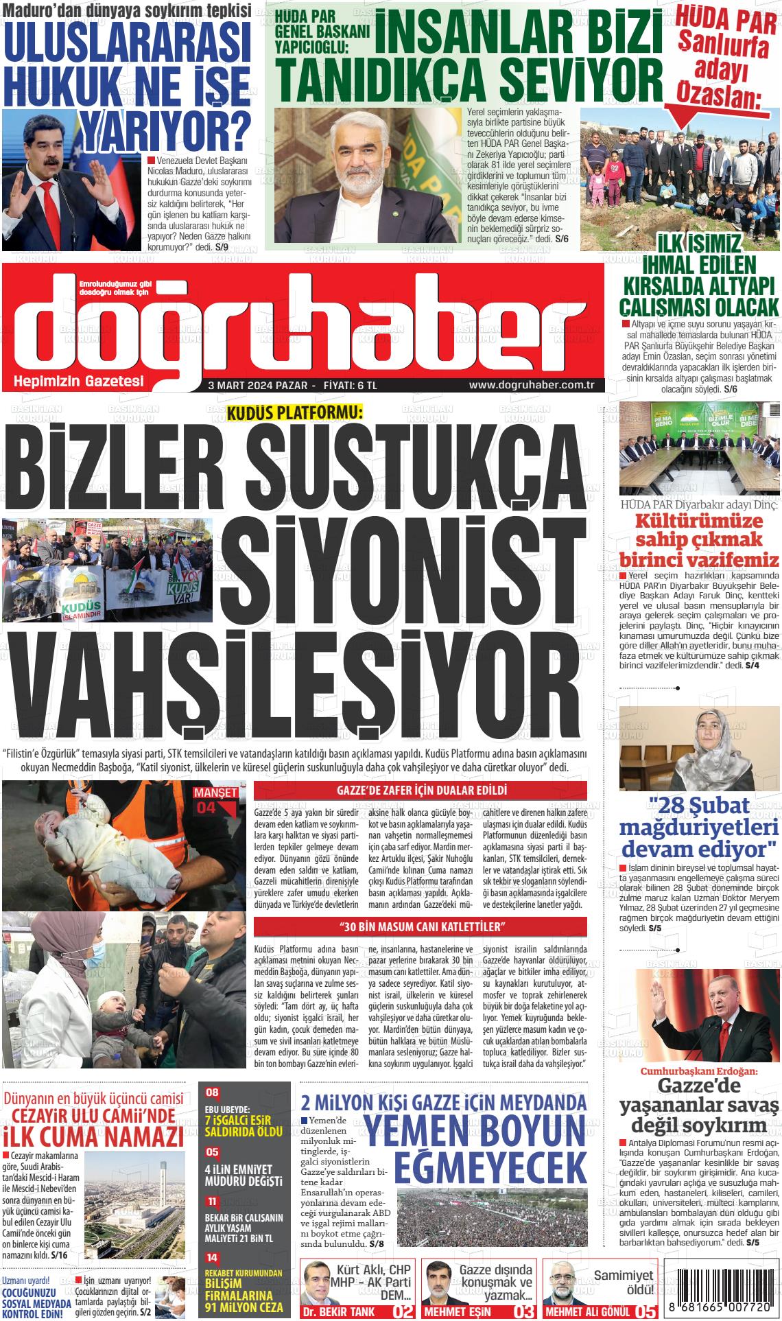 03 Mart 2024 Doğru Haber Gazete Manşeti