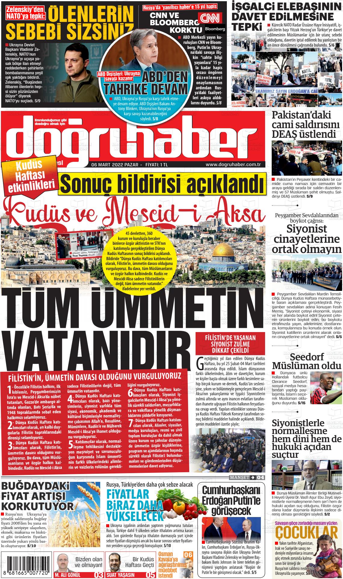 06 Mart 2022 Doğru Haber Gazete Manşeti