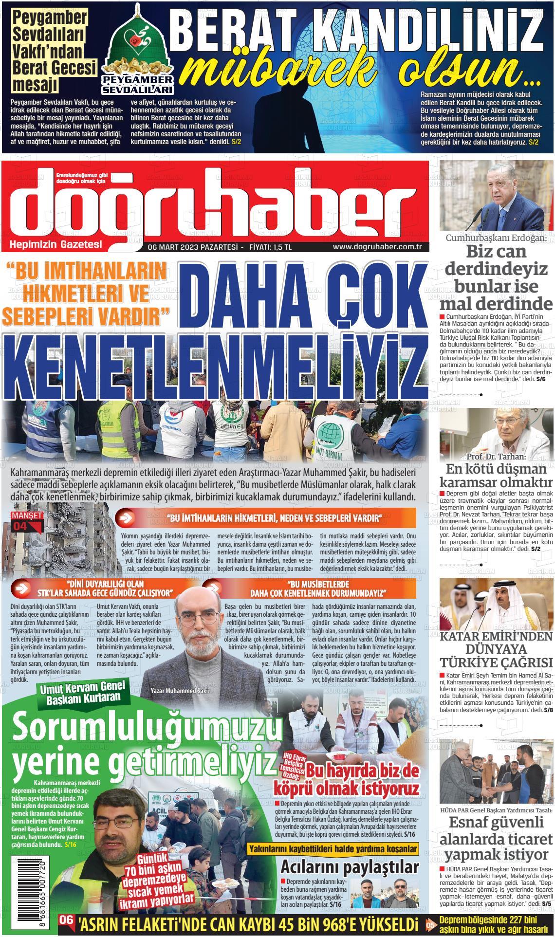 06 Mart 2023 Doğru Haber Gazete Manşeti