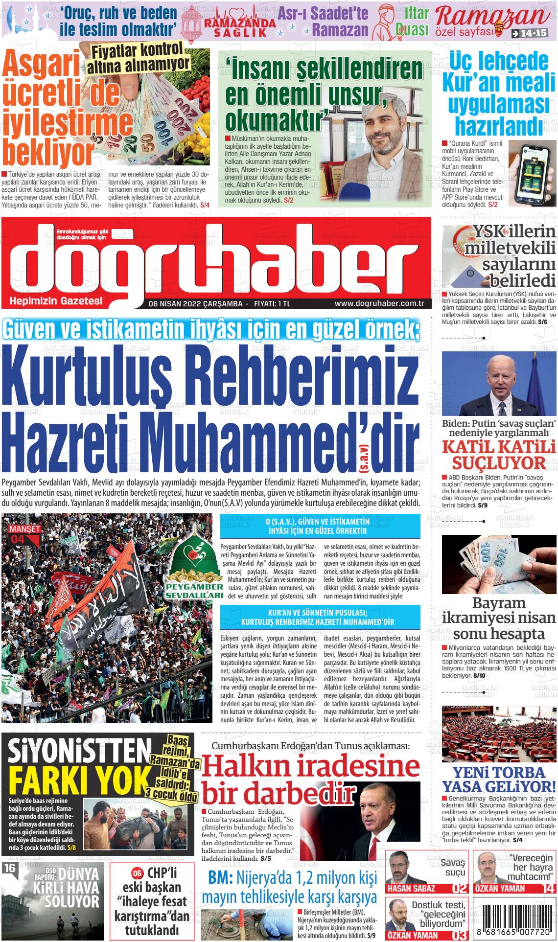 06 Nisan 2022 Doğru Haber Gazete Manşeti