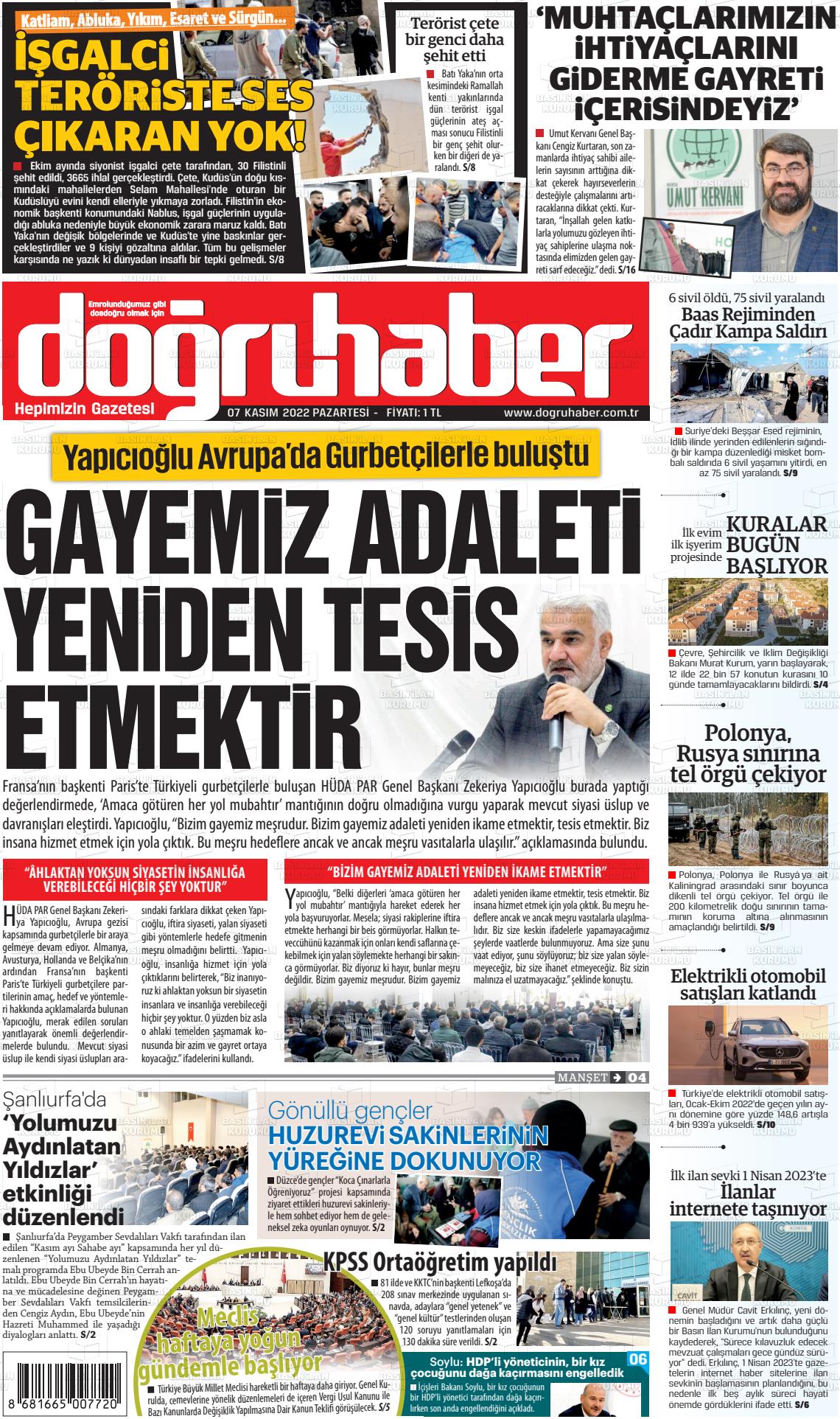 07 Kasım 2022 Doğru Haber Gazete Manşeti