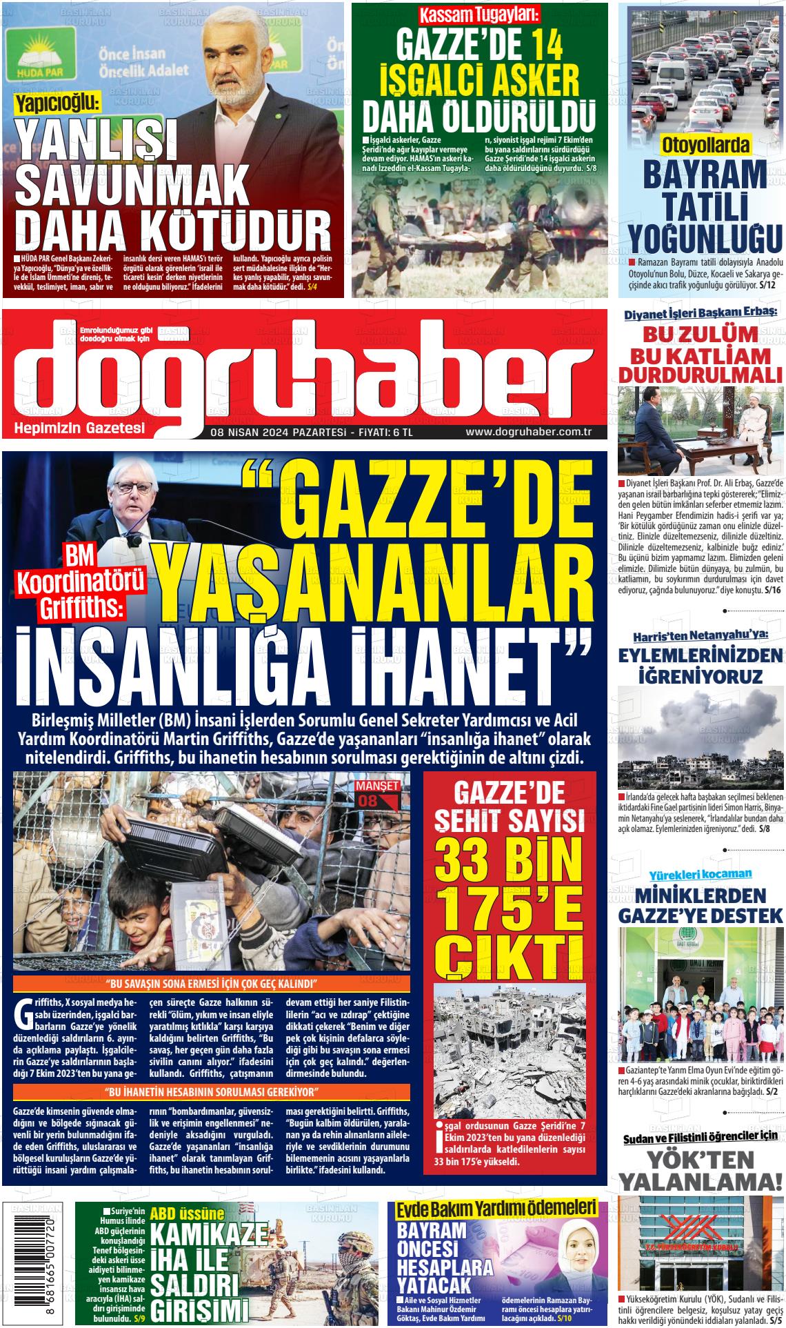 08 Nisan 2024 Doğru Haber Gazete Manşeti