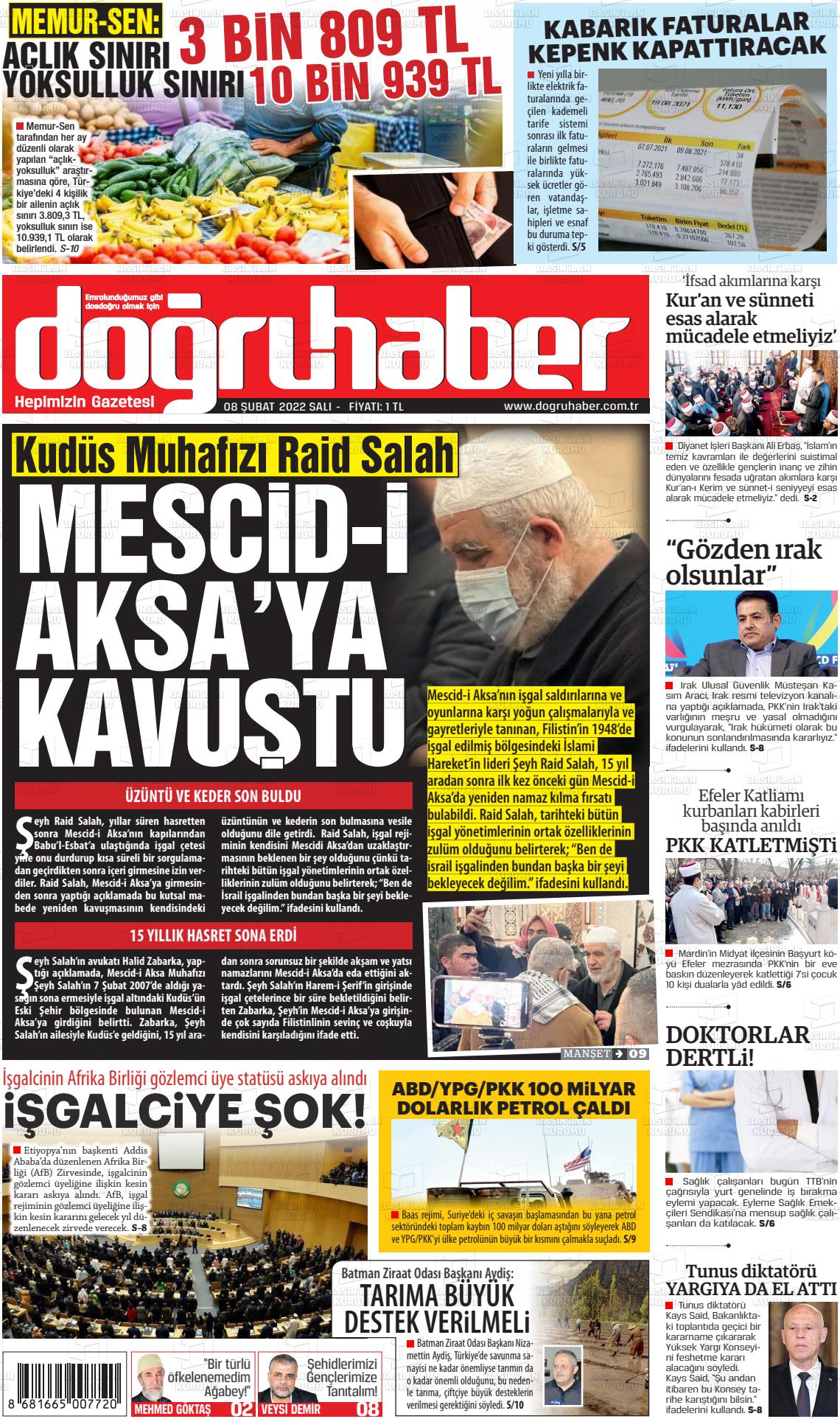 08 Şubat 2022 Doğru Haber Gazete Manşeti