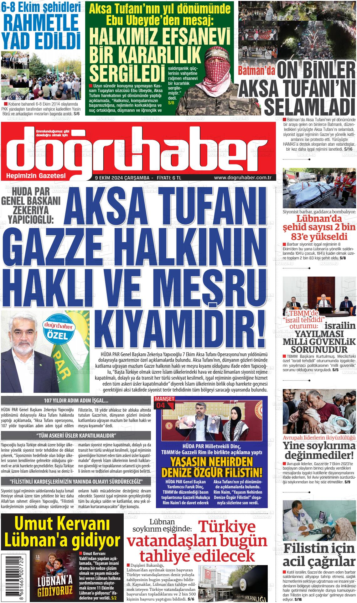 09 Ekim 2024 Doğru Haber Gazete Manşeti