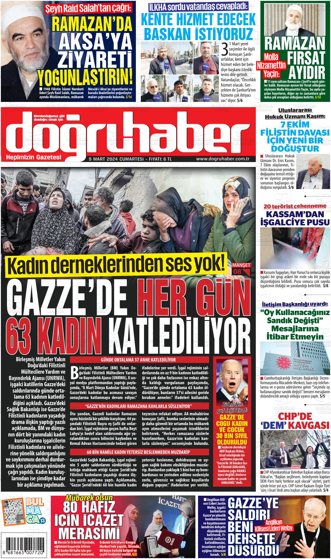 09 Mart 2024 Doğru Haber Gazete Manşeti