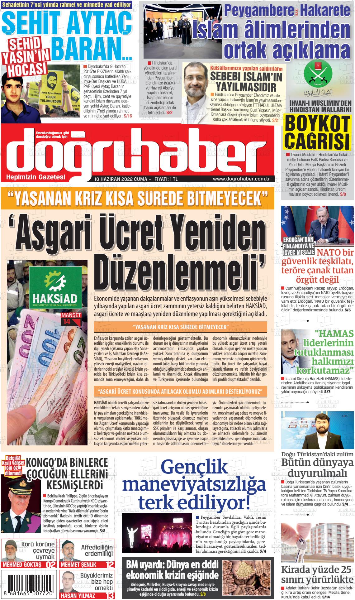 10 Haziran 2022 Doğru Haber Gazete Manşeti