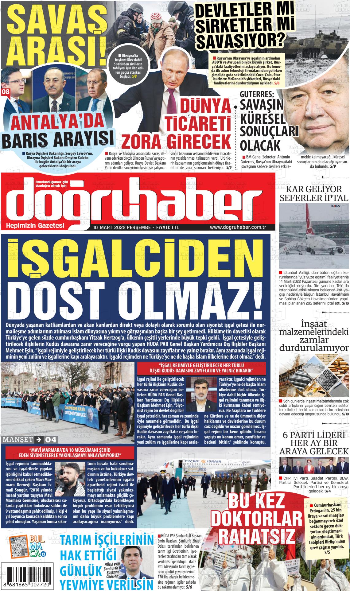 10 Mart 2022 Doğru Haber Gazete Manşeti