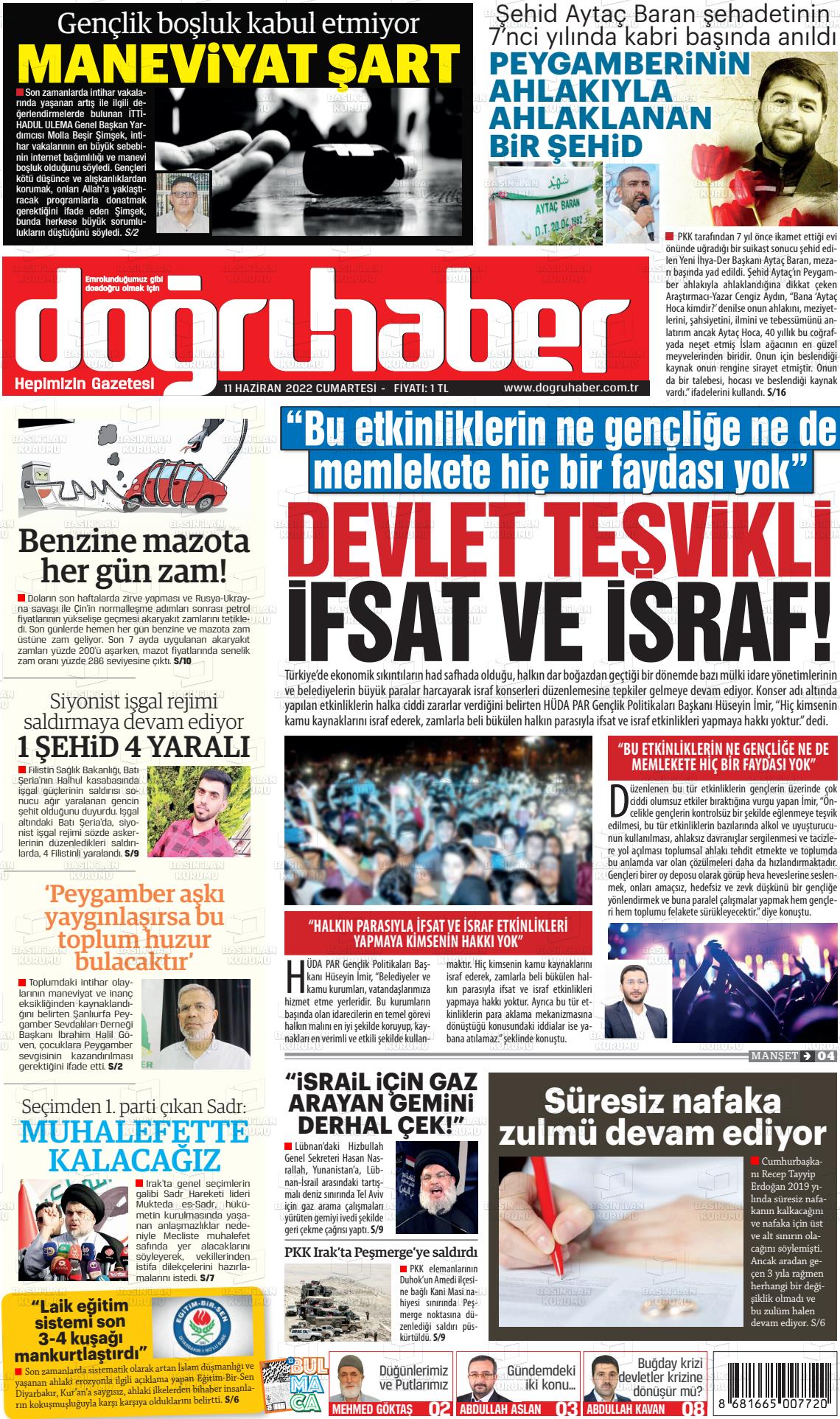 11 Haziran 2022 Doğru Haber Gazete Manşeti