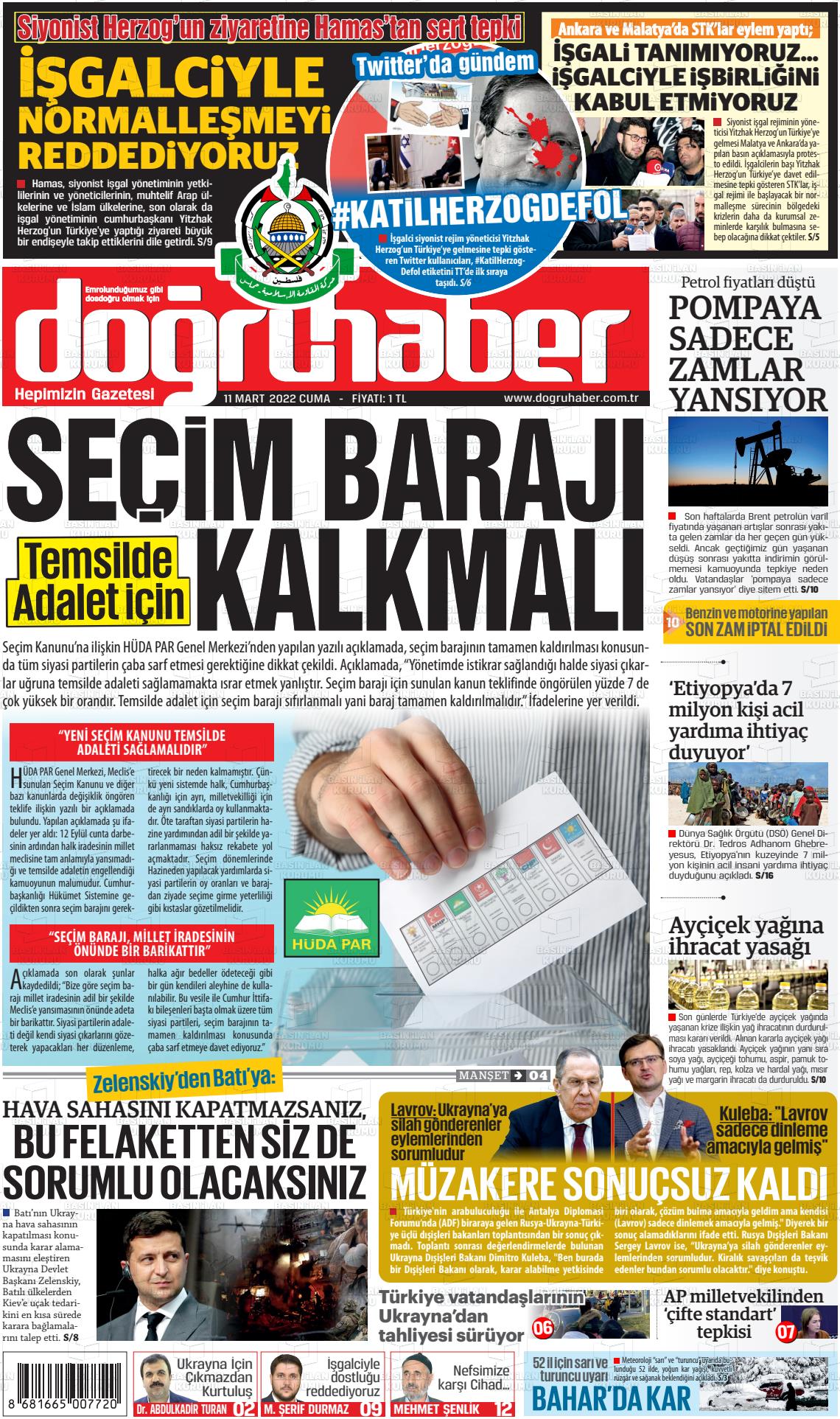 11 Mart 2022 Doğru Haber Gazete Manşeti