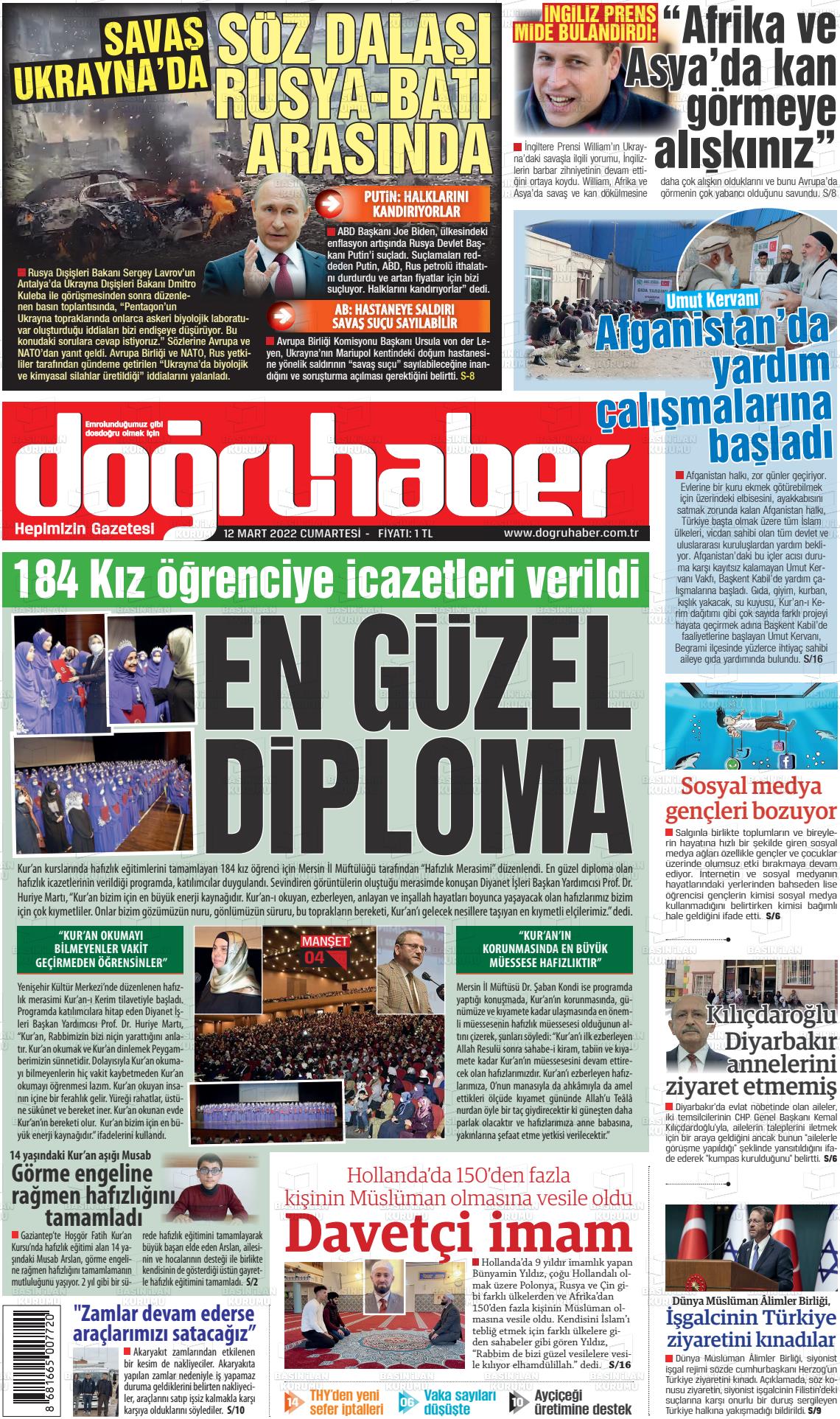 12 Mart 2022 Doğru Haber Gazete Manşeti