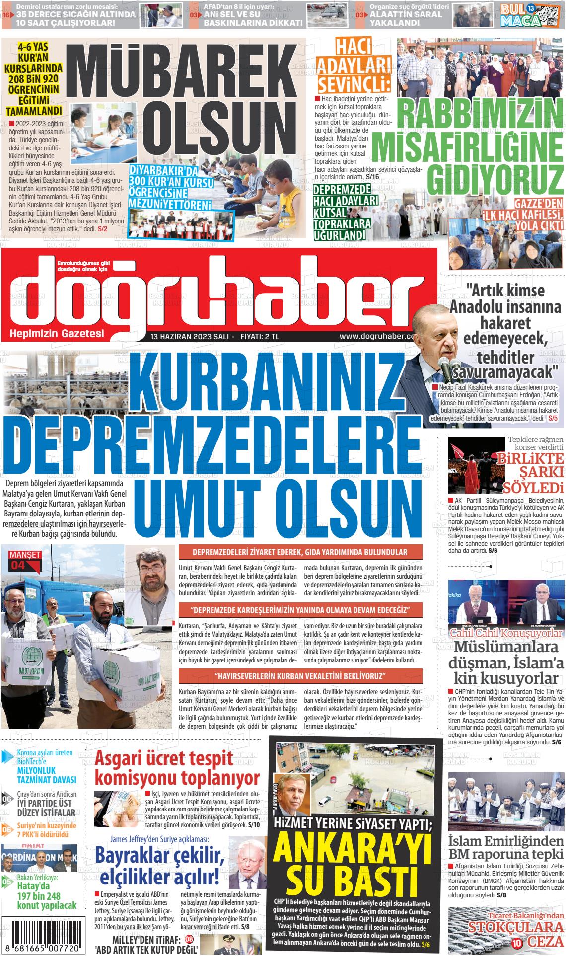 13 Haziran 2023 Doğru Haber Gazete Manşeti