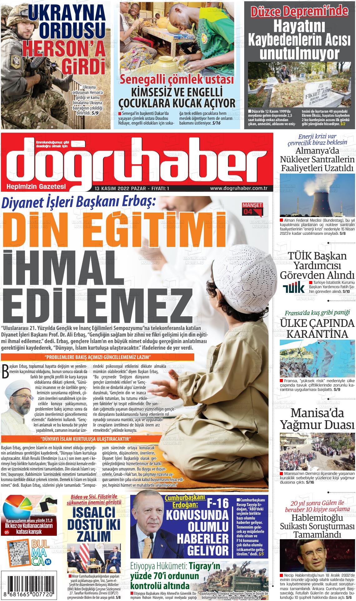 13 Kasım 2022 Doğru Haber Gazete Manşeti