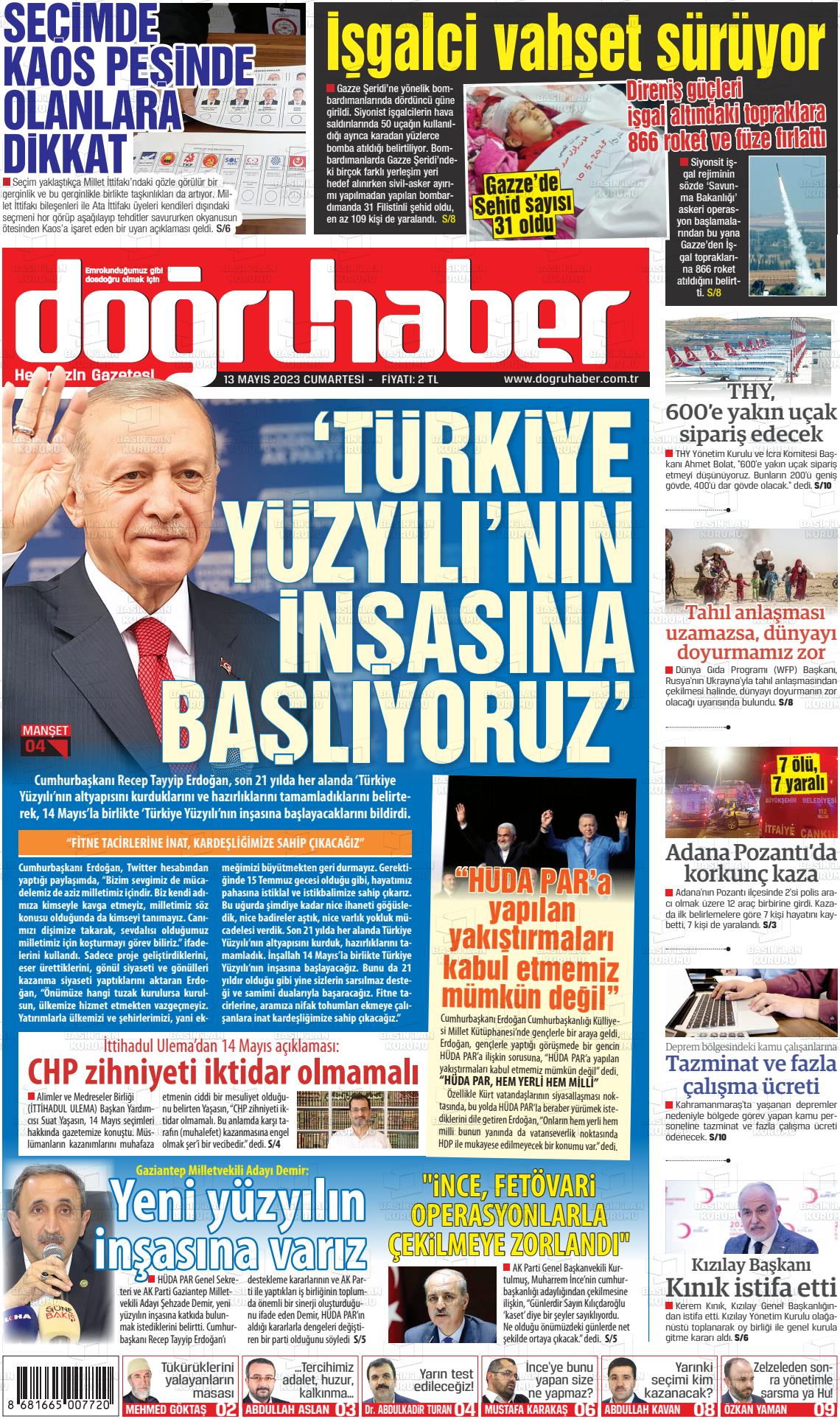 13 Mayıs 2023 Doğru Haber Gazete Manşeti